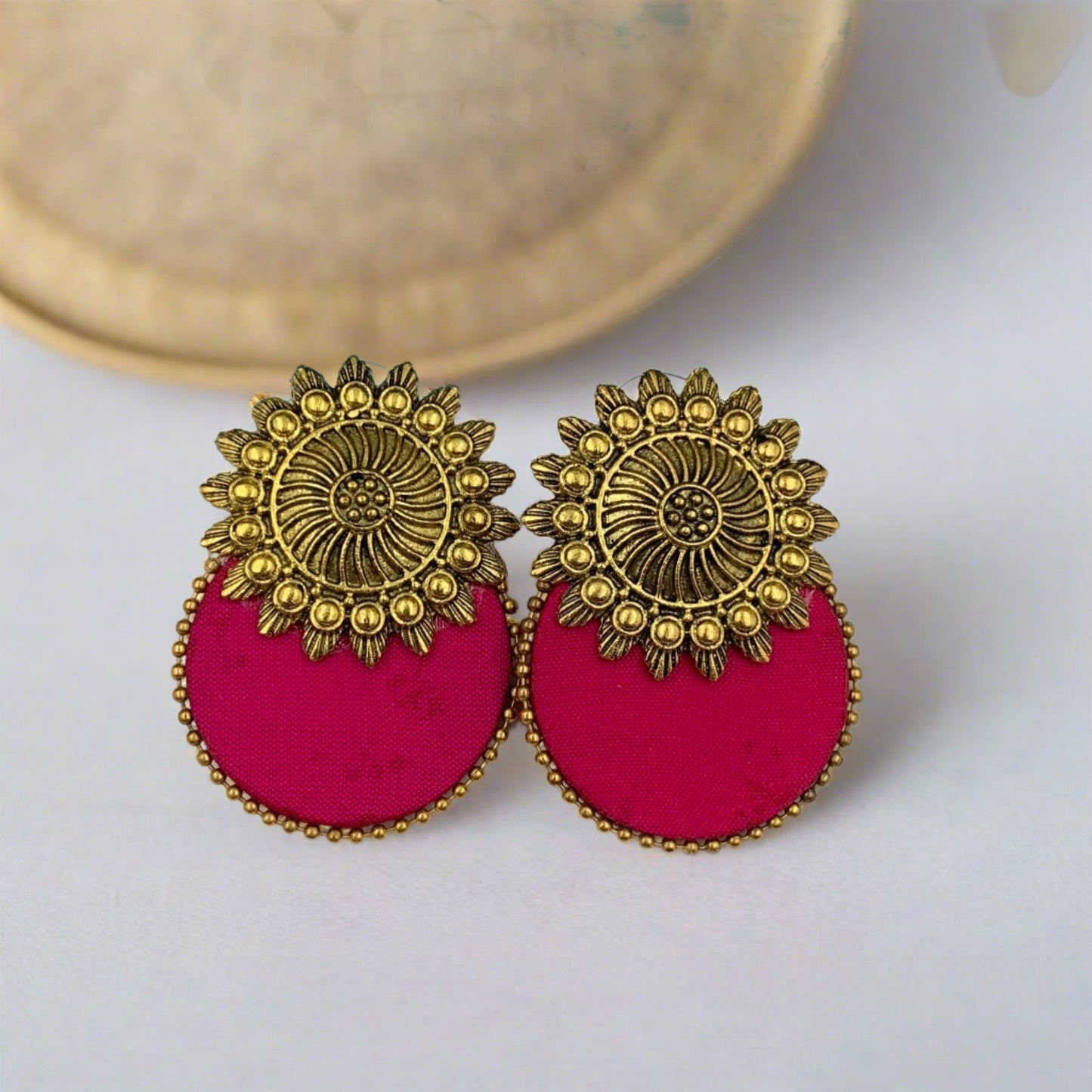 Buy Antique Sun Studs Pink Fabric Handmade Earrings By Fabriety In India