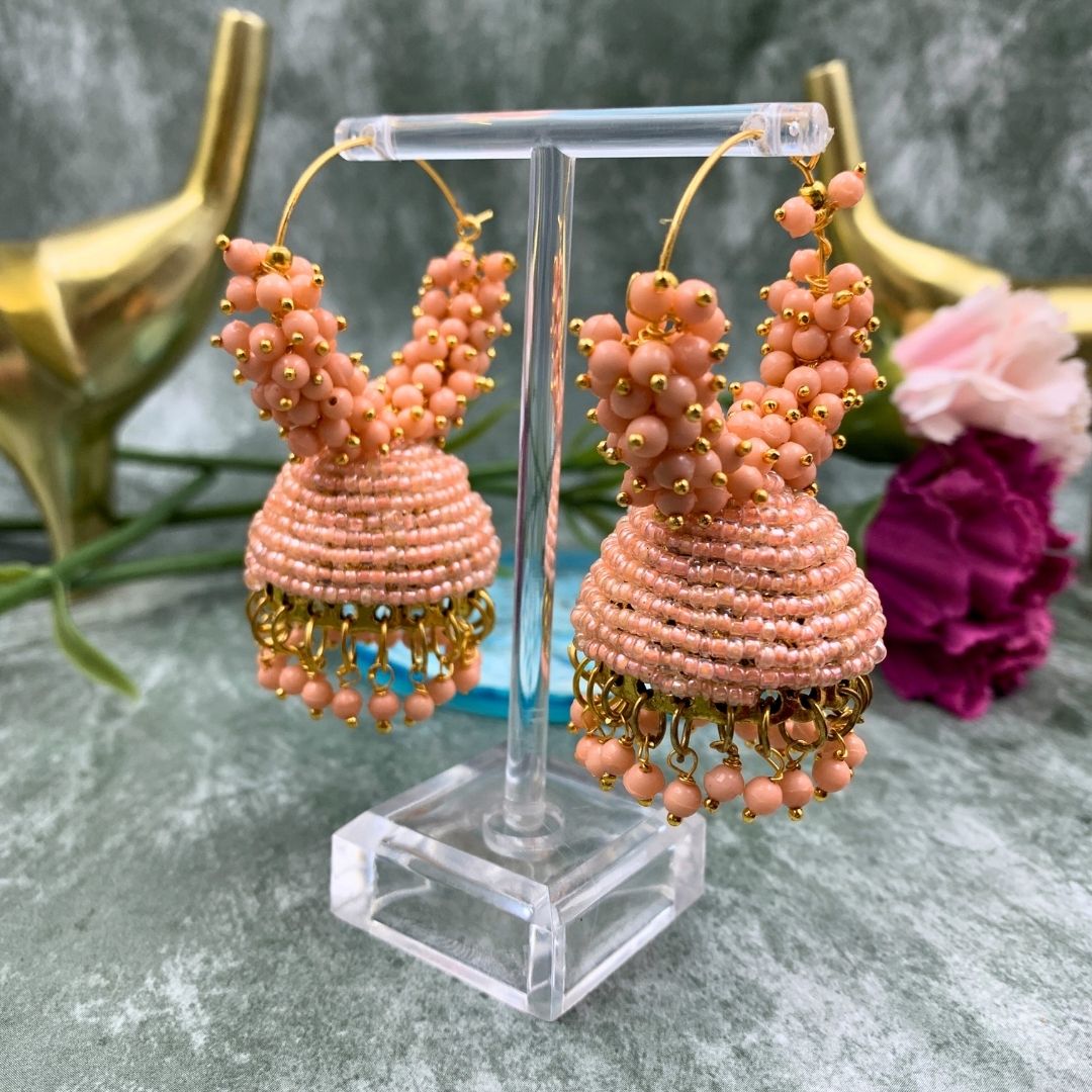 Jhumka Earrings For Women & Girls, Traditional Pearl Jhumki & Hoop Style Earrings - Peach