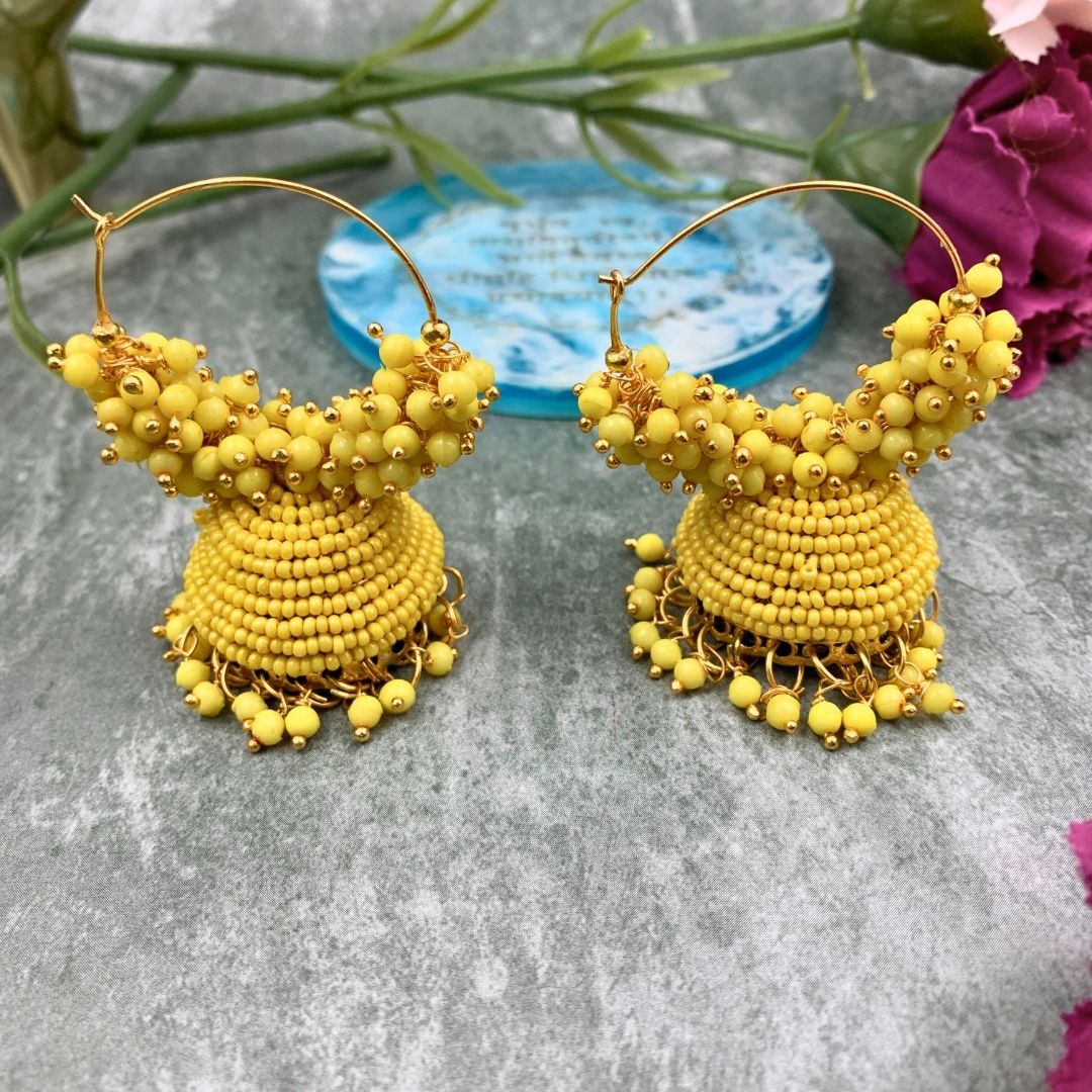 Jhumka Earrings For Women & Girls, Traditional Pearl Jhumki & Hoop Style Earrings - Yellow