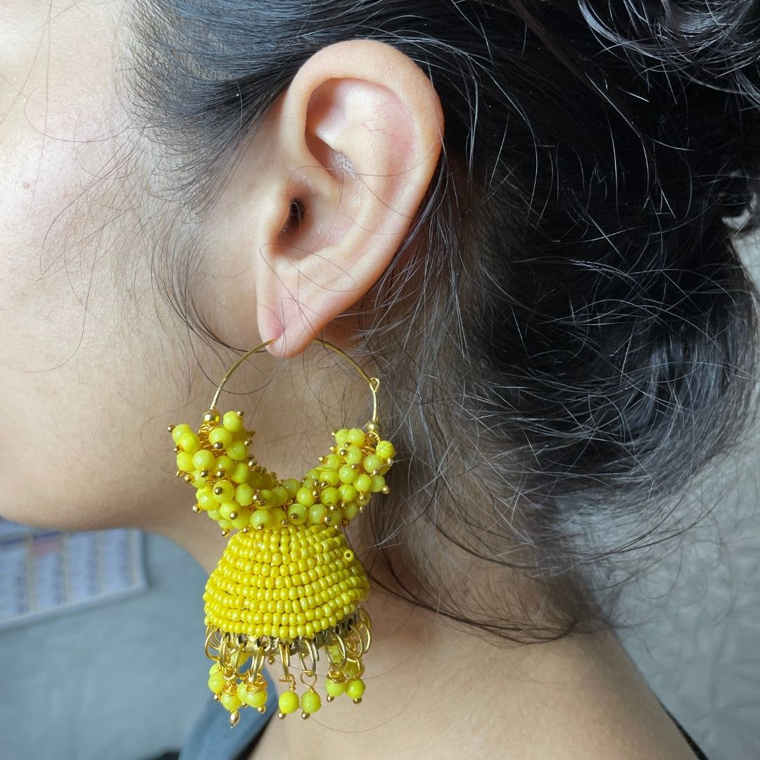 Jhumka Earrings For Women & Girls, Traditional Pearl Jhumki & Hoop Style Earrings - Yellow