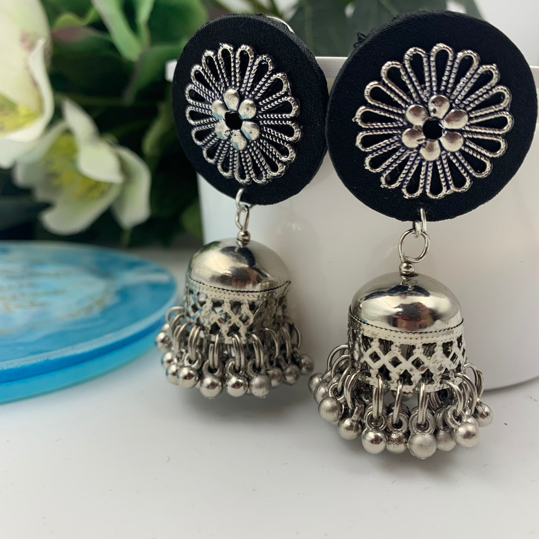 Flower Charm Silver Jhumki - Black