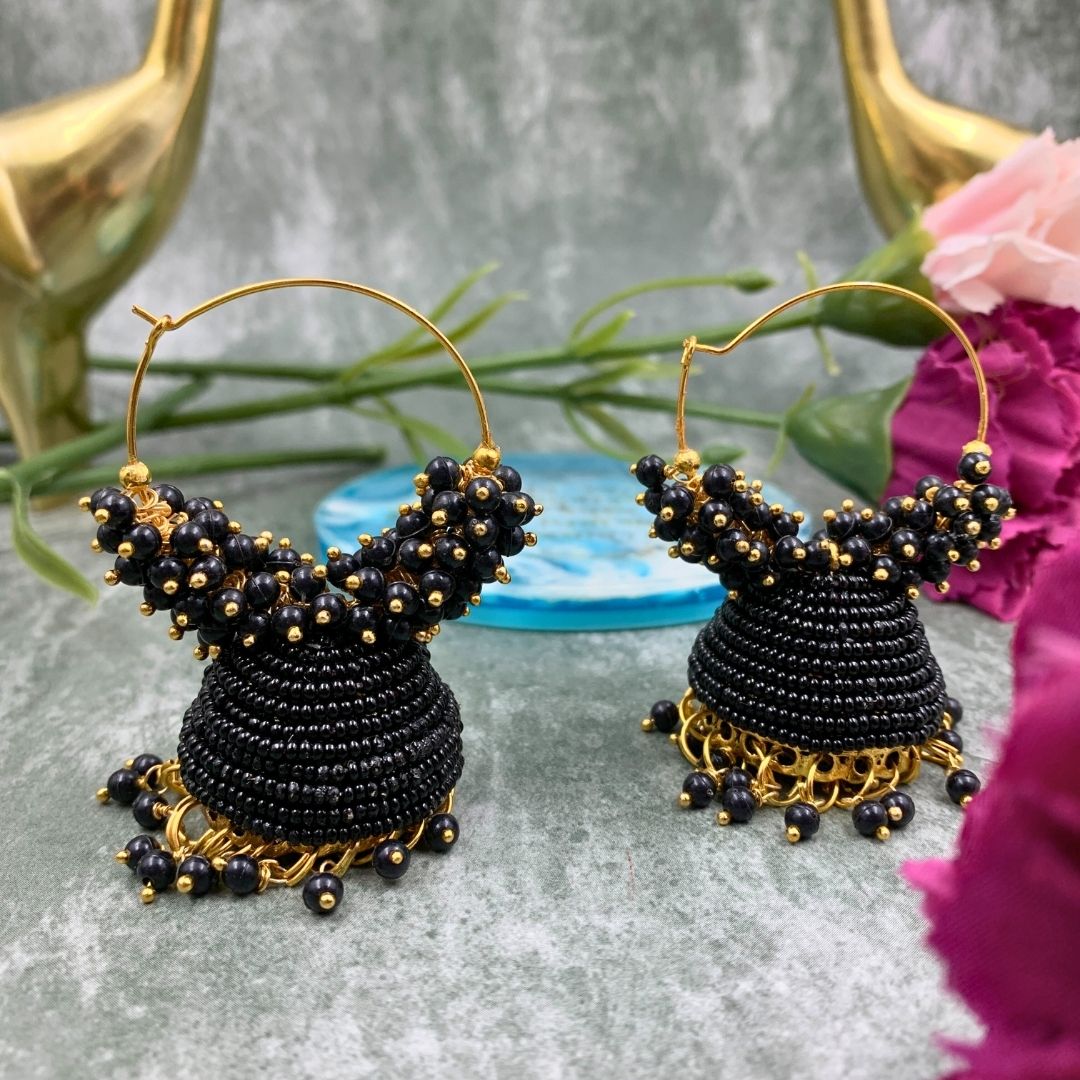 Jhumka Earrings For Women & Girls, Traditional Pearl Jhumki & Hoop Style Earrings - Black