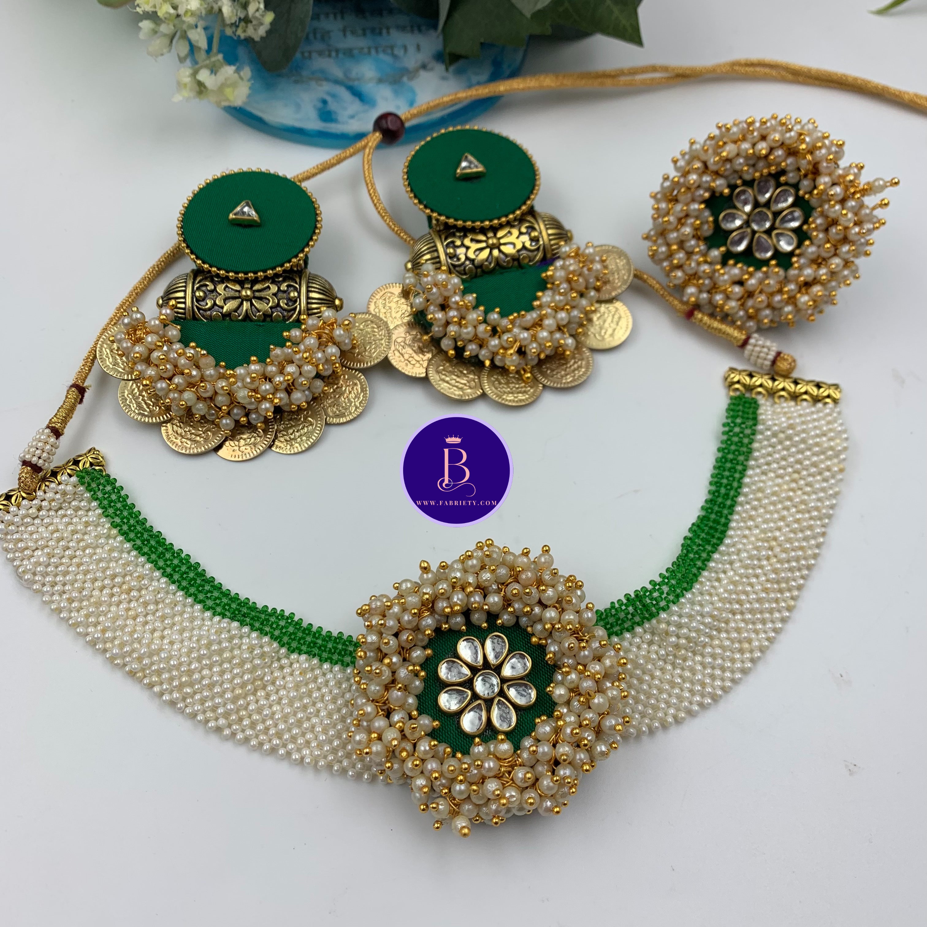 Buy Green Color Fabric Choker Set With Pearls By Fabriety In India