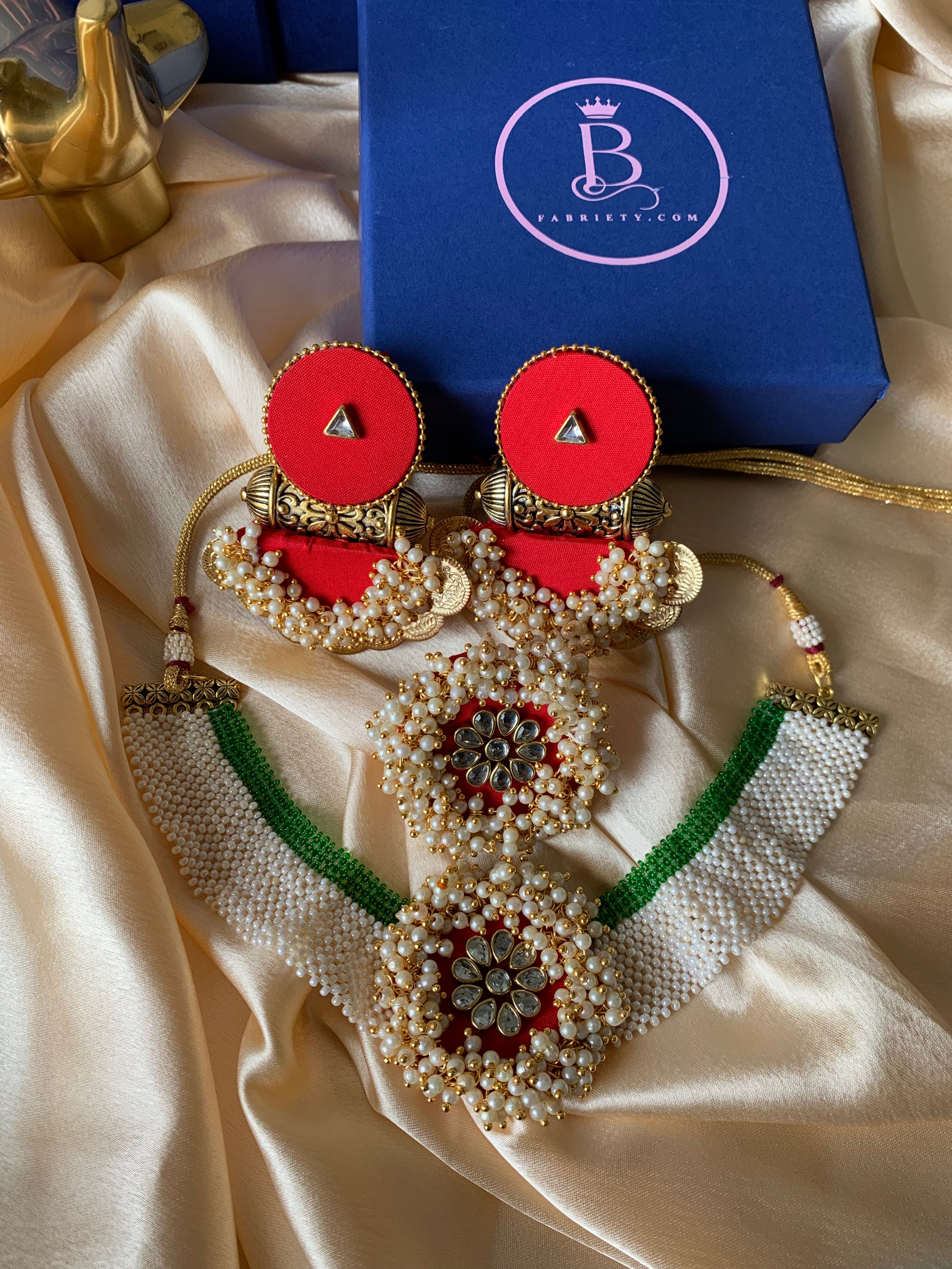 Buy Red Color Fabric Choker Set With Pearls By Fabriety In India