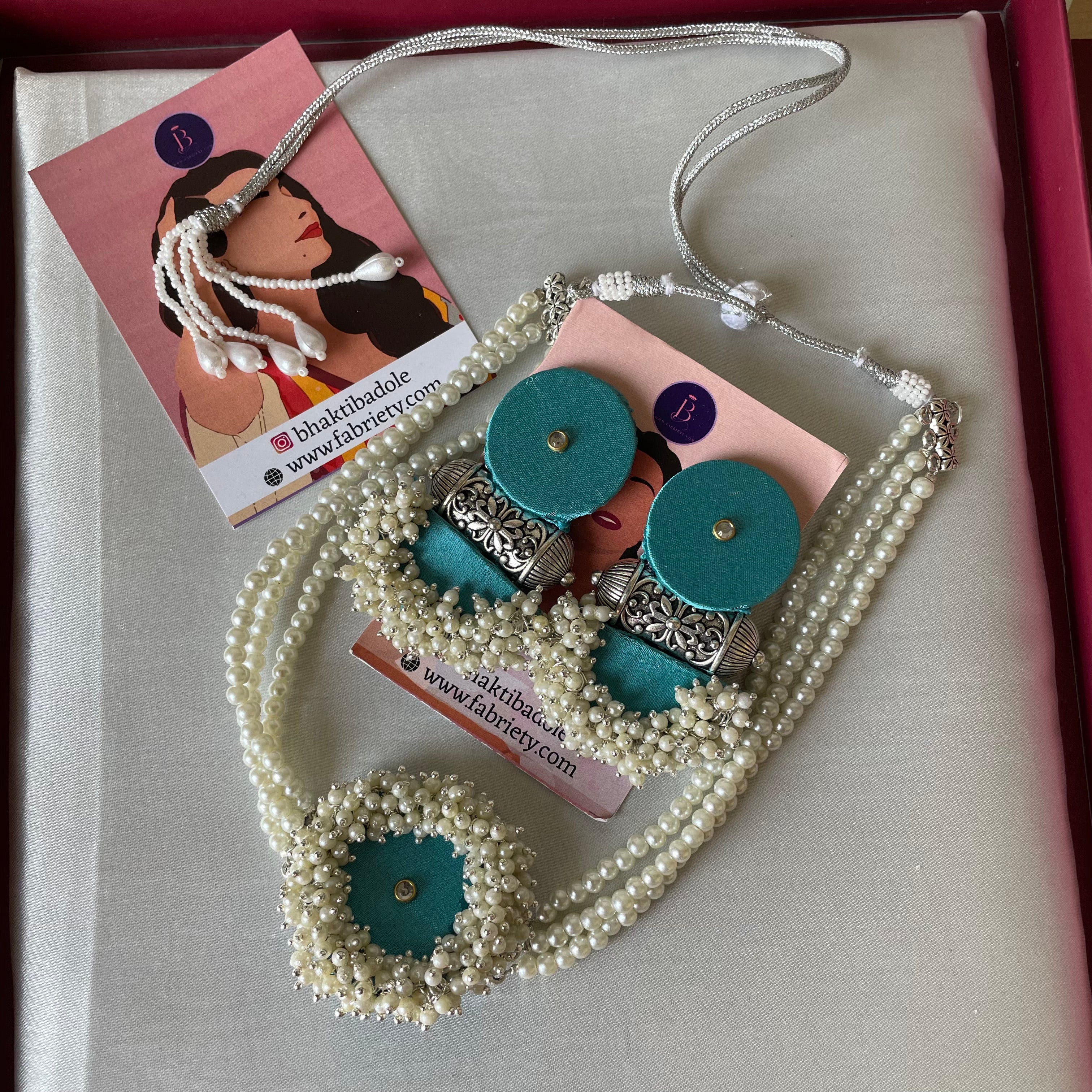 Buy White Moti Choker Set Sky Blue Colour Fabric By Fabriety In India