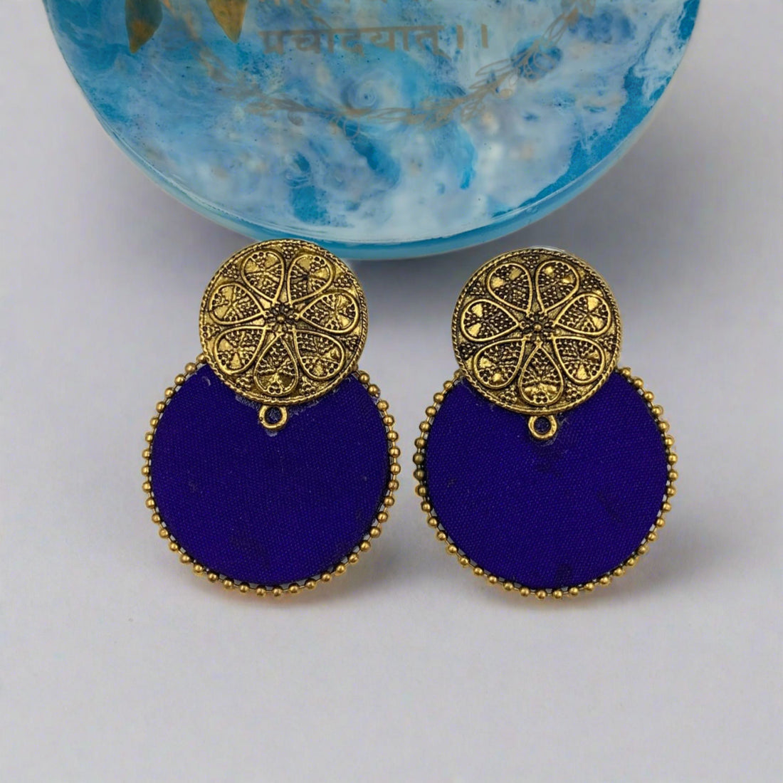 Antique Flower Blue Fabric Handmade Earrings Made By Fabriety In India