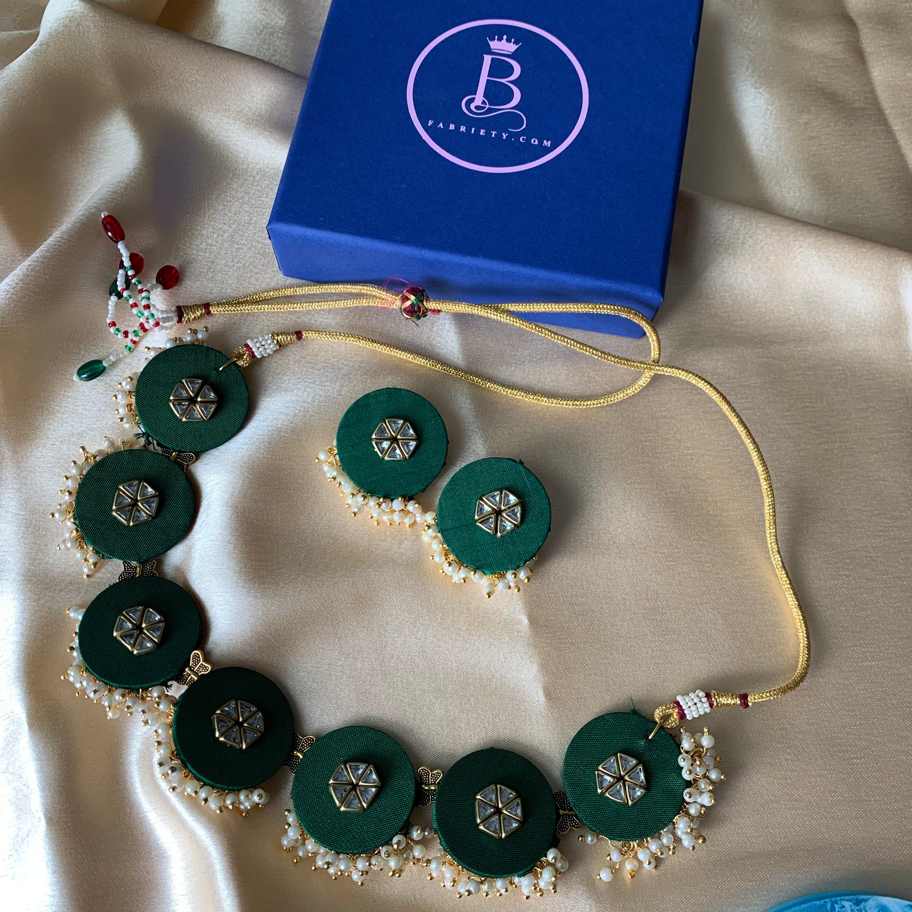 Fabric Choker set - Kundan stones and pearls