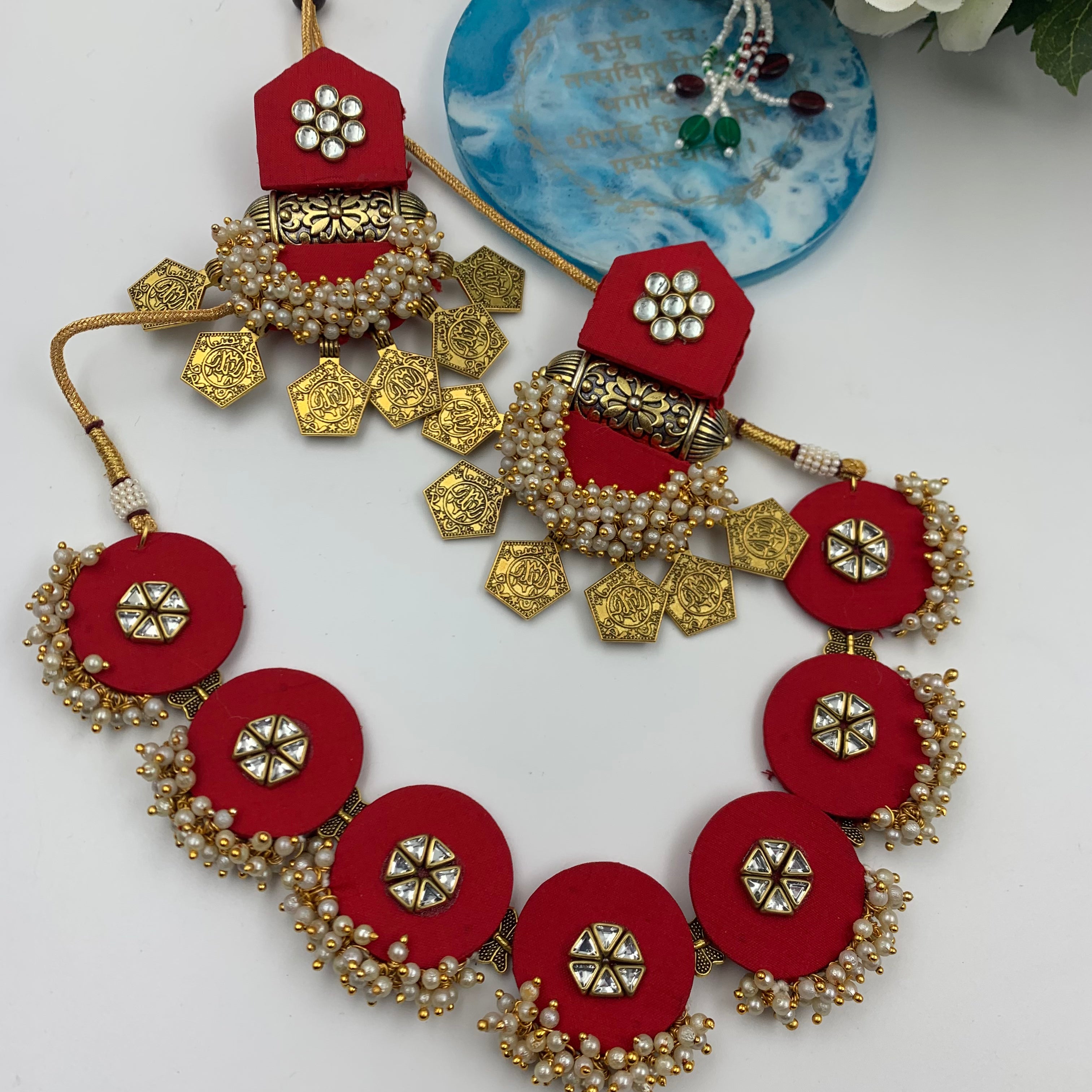 Fabric Choker set - Pentagon stud long earrings