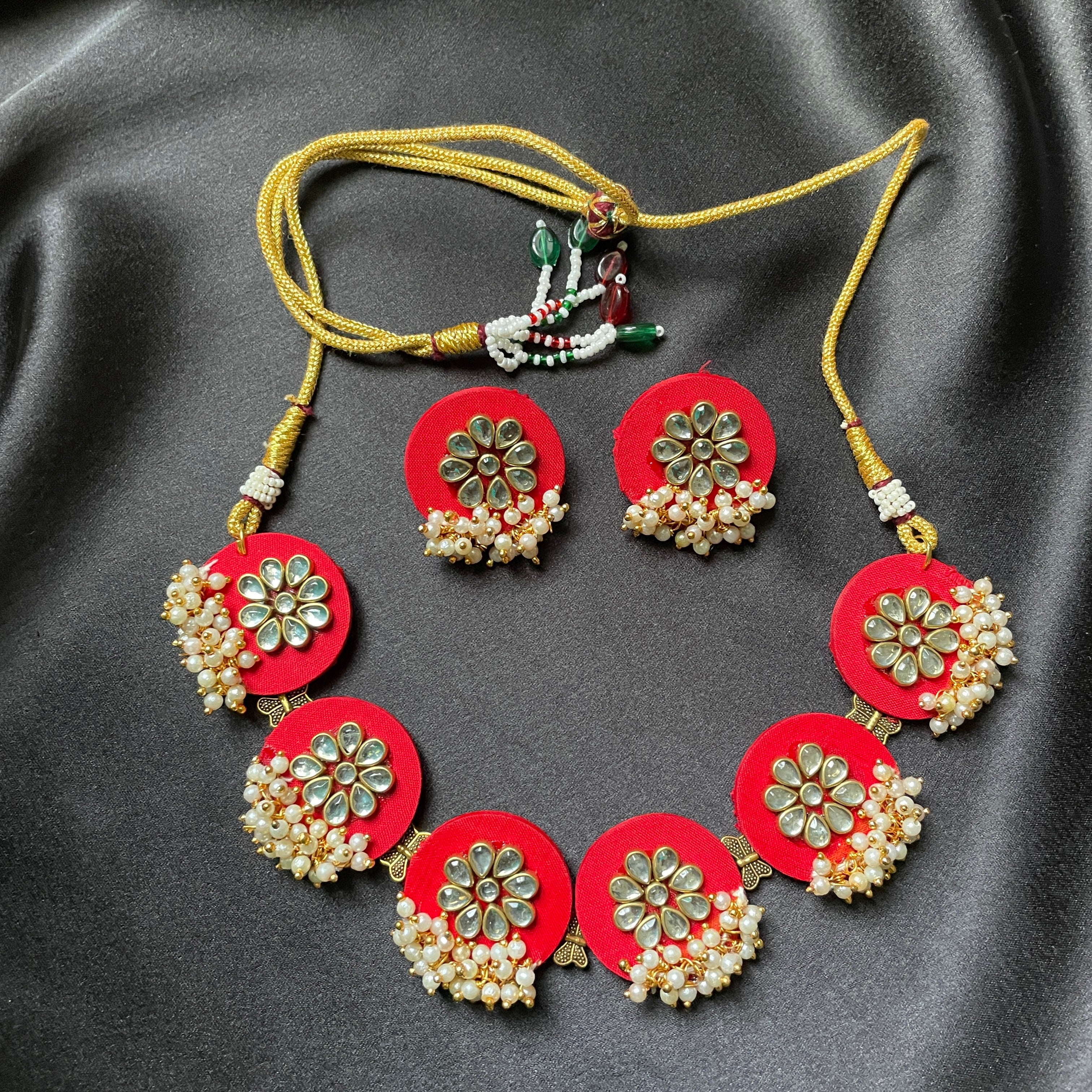 Buy Kundan Pearl Choker Set Red Fabric By Fabriety In India
