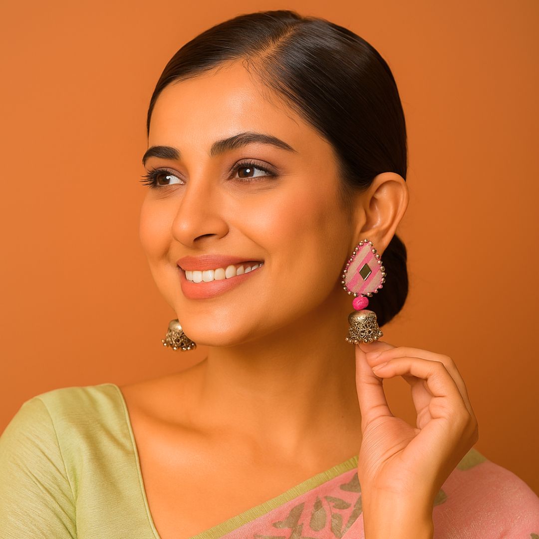 Pink Leheriya Fabric Jhumki