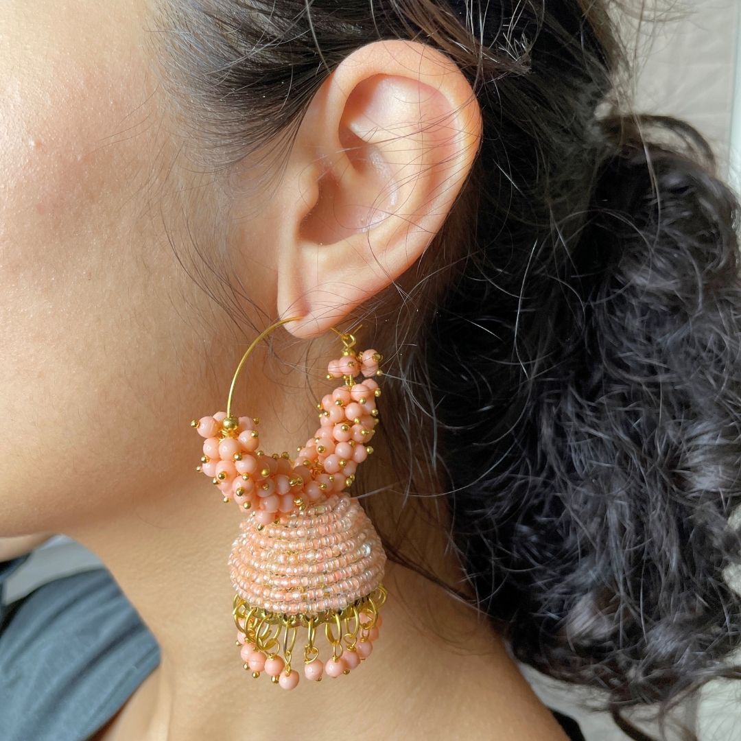 Jhumka Earrings For Women & Girls, Traditional Pearl Jhumki & Hoop Style Earrings - Peach
