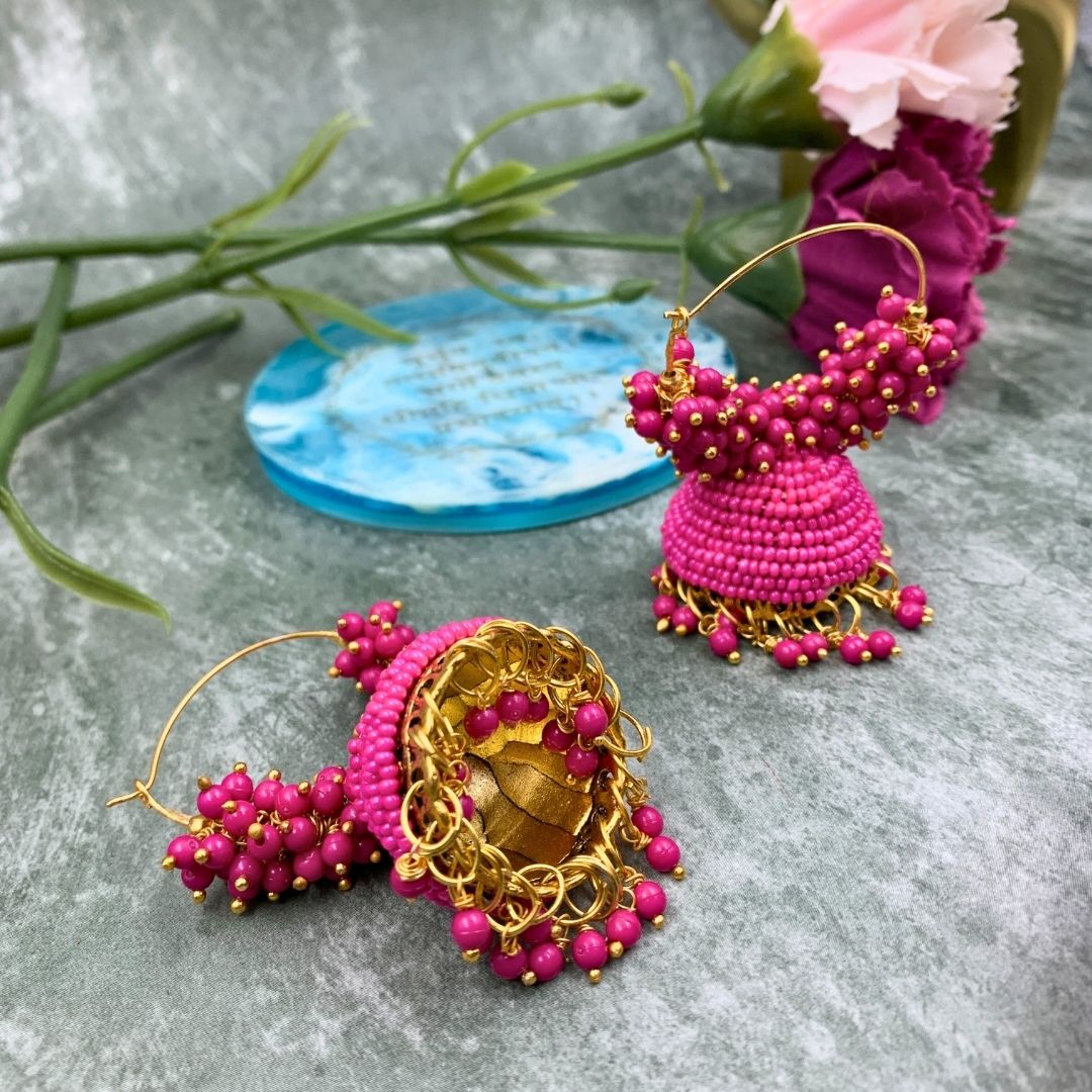 Jhumka Earrings For Women & Girls, Traditional Pearl Jhumki & Hoop Style Earrings - Pink