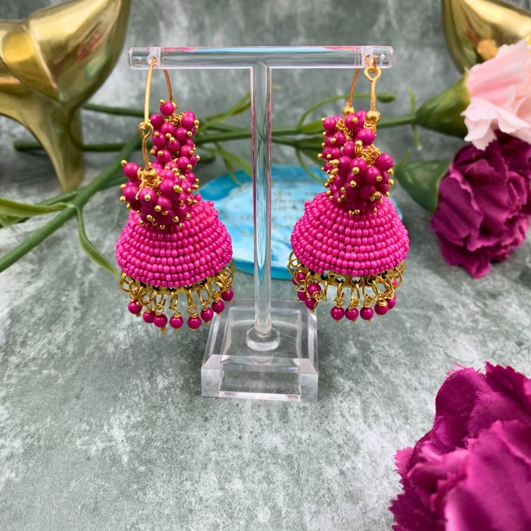Jhumka Earrings For Women & Girls, Traditional Pearl Jhumki & Hoop Style Earrings - Pink