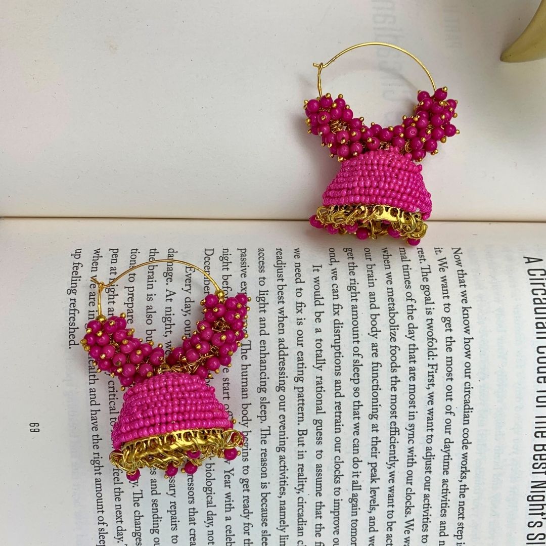 Jhumka Earrings For Women & Girls, Traditional Pearl Jhumki & Hoop Style Earrings - Pink