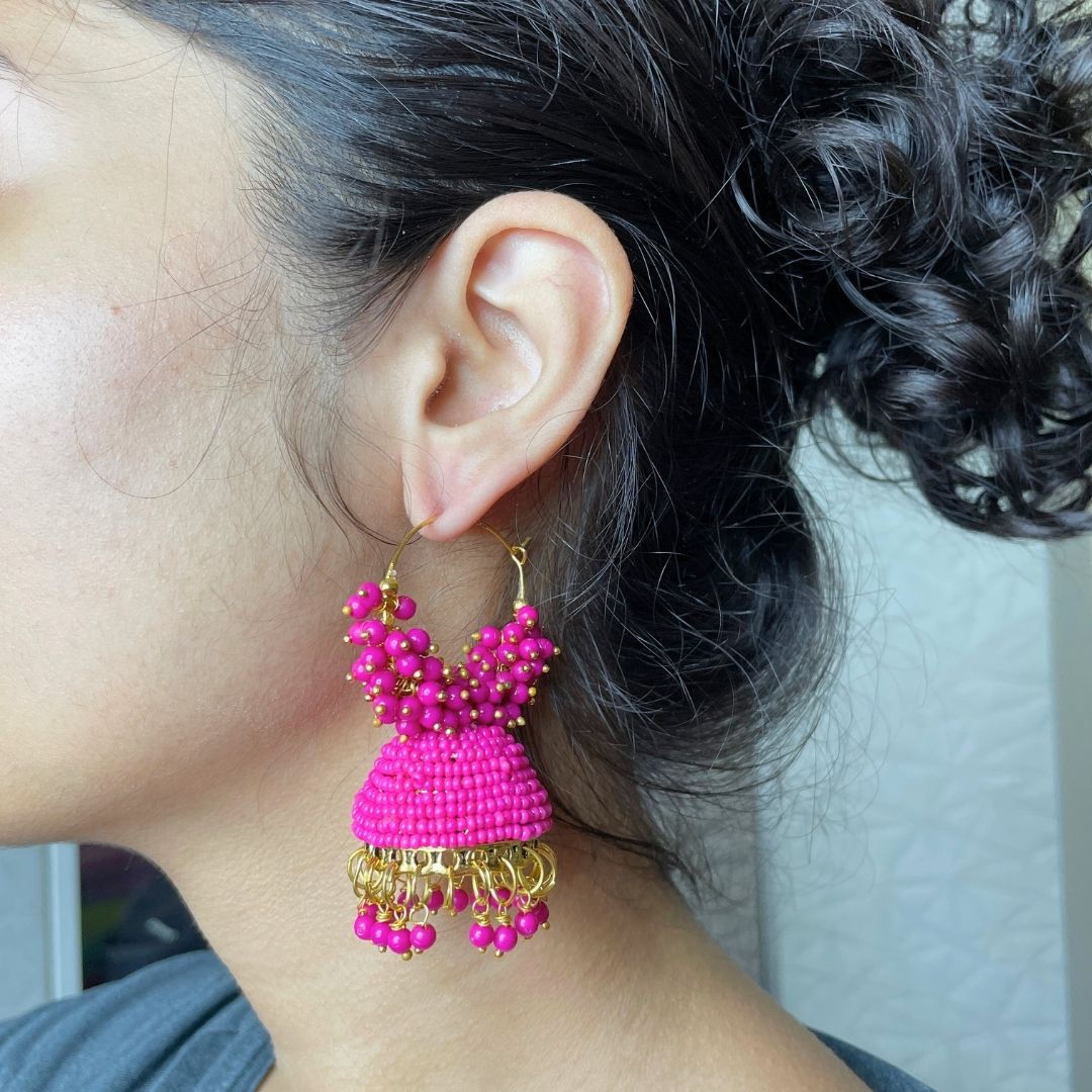 Jhumka Earrings For Women & Girls, Traditional Pearl Jhumki & Hoop Style Earrings - Pink