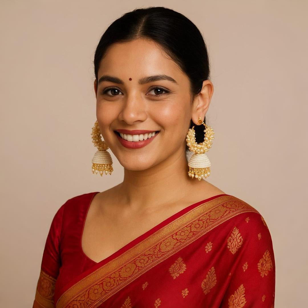 Jhumka Earrings For Women & Girls, Traditional Pearl Jhumki & Hoop Style Earrings - White