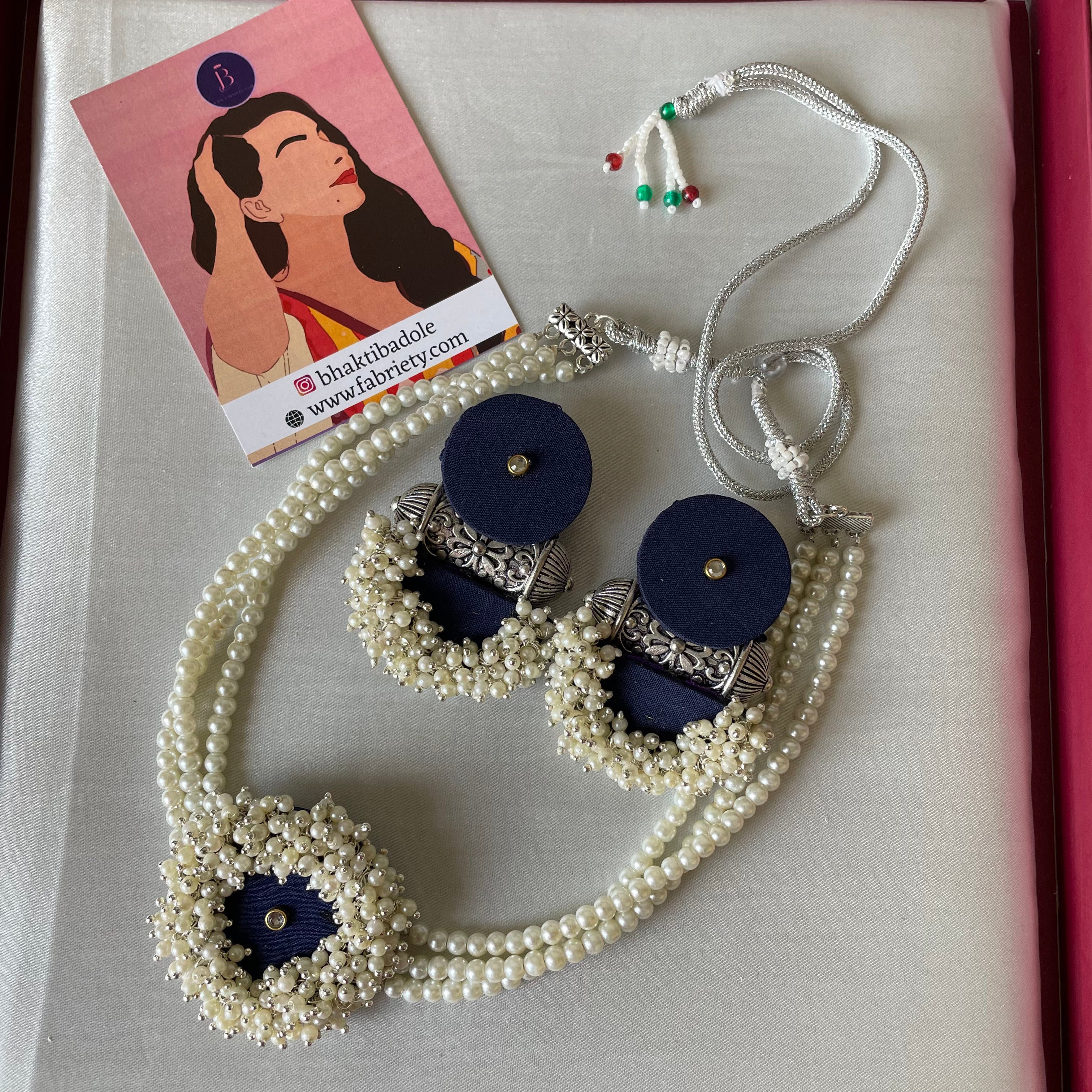Buy White Moti Choker Set Navy Blue Colour Fabric By Fabriety In India