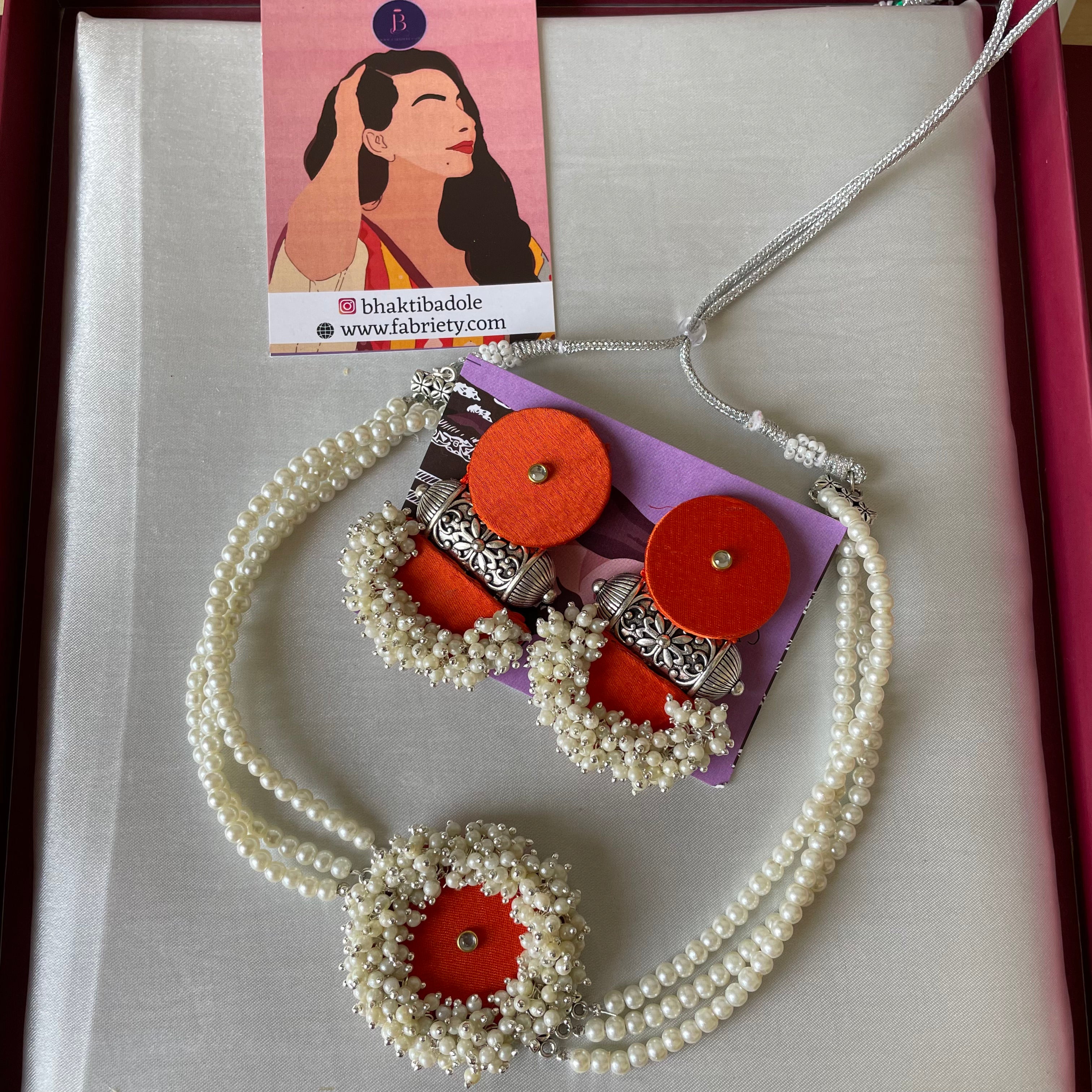 Buy White Moti Choker Set  Orange Colour Fabric By Fabriety In India