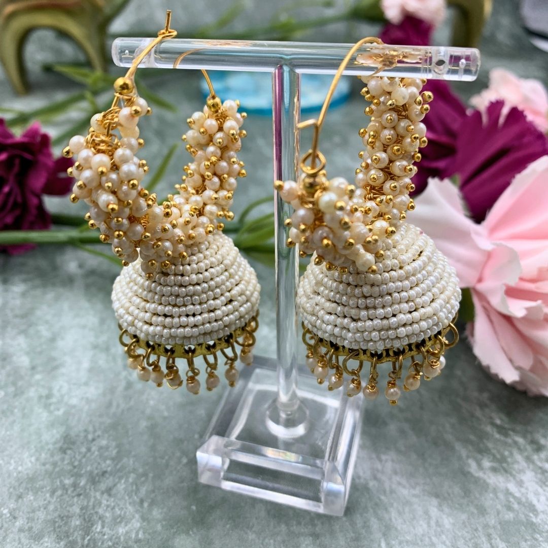 Jhumka Earrings For Women & Girls, Traditional Pearl Jhumki & Hoop Style Earrings - White