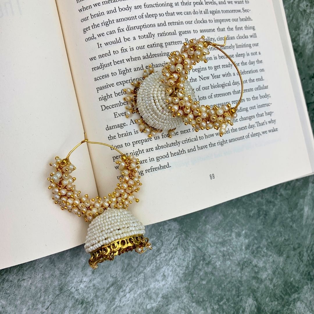 Jhumka Earrings For Women & Girls, Traditional Pearl Jhumki & Hoop Style Earrings - White