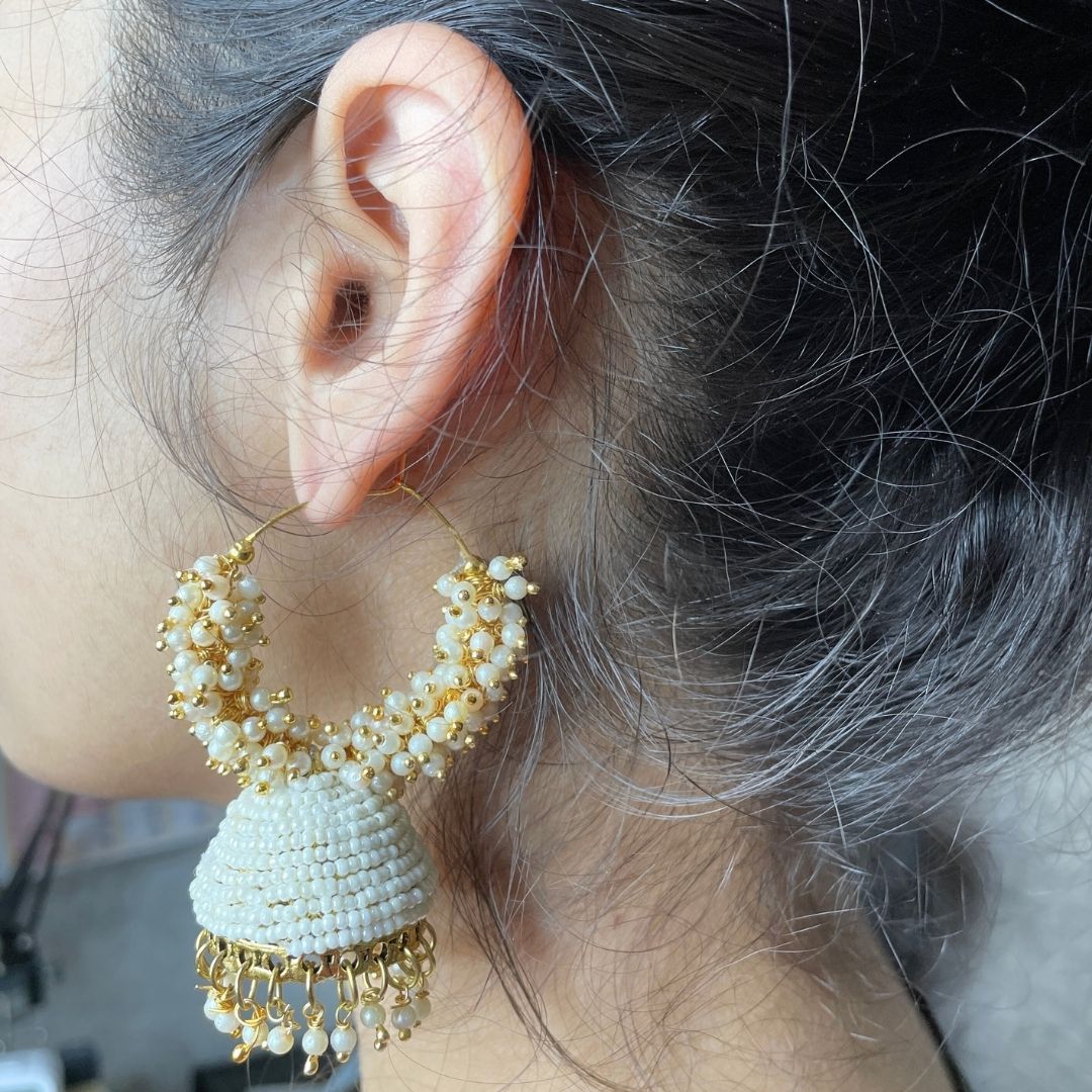Jhumka Earrings For Women & Girls, Traditional Pearl Jhumki & Hoop Style Earrings - White