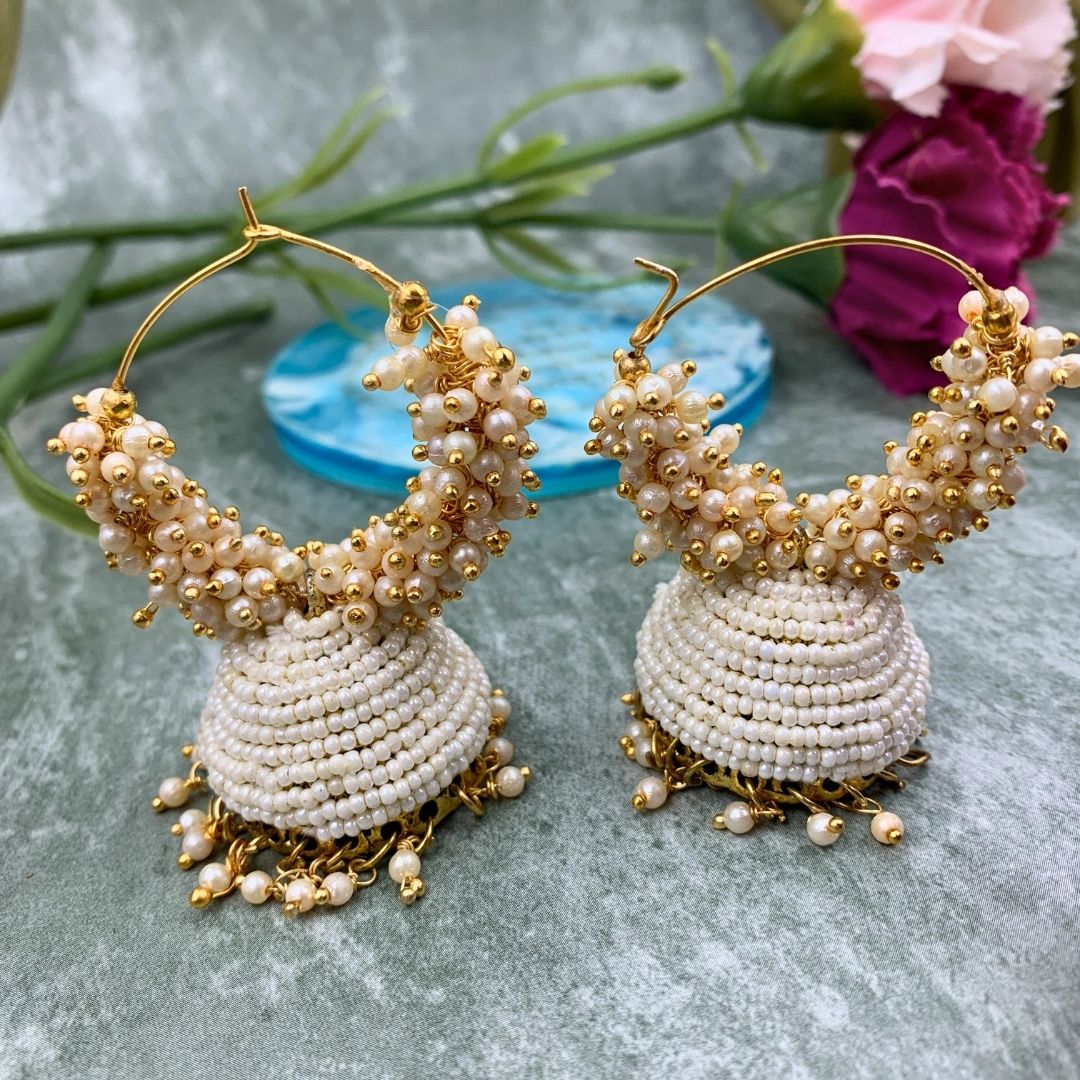 Jhumka Earrings For Women & Girls, Traditional Pearl Jhumki & Hoop Style Earrings - White