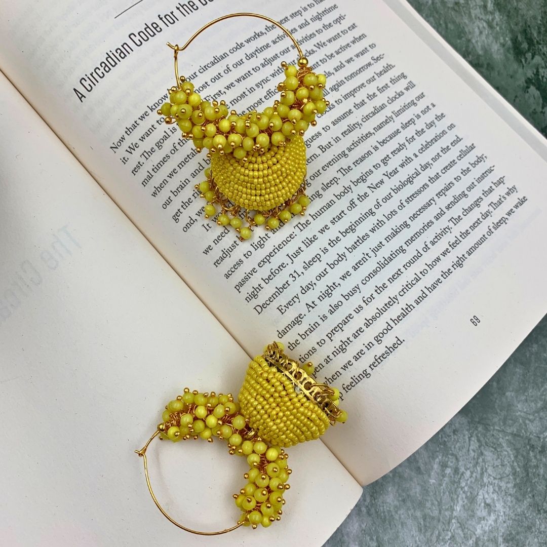 Jhumka Earrings For Women & Girls, Traditional Pearl Jhumki & Hoop Style Earrings - Yellow