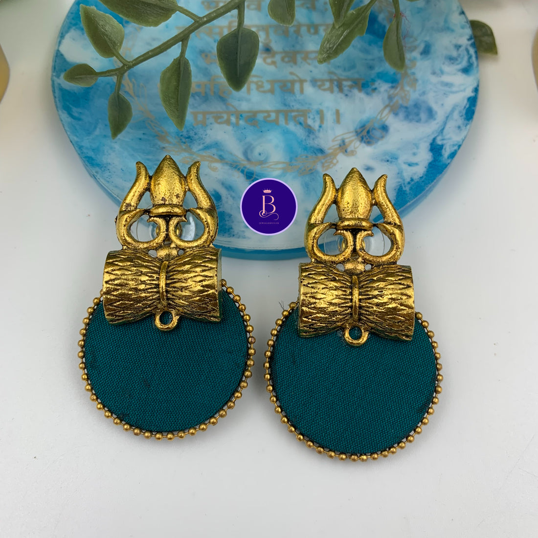 Trishul Studs : Peacock Green Fabric