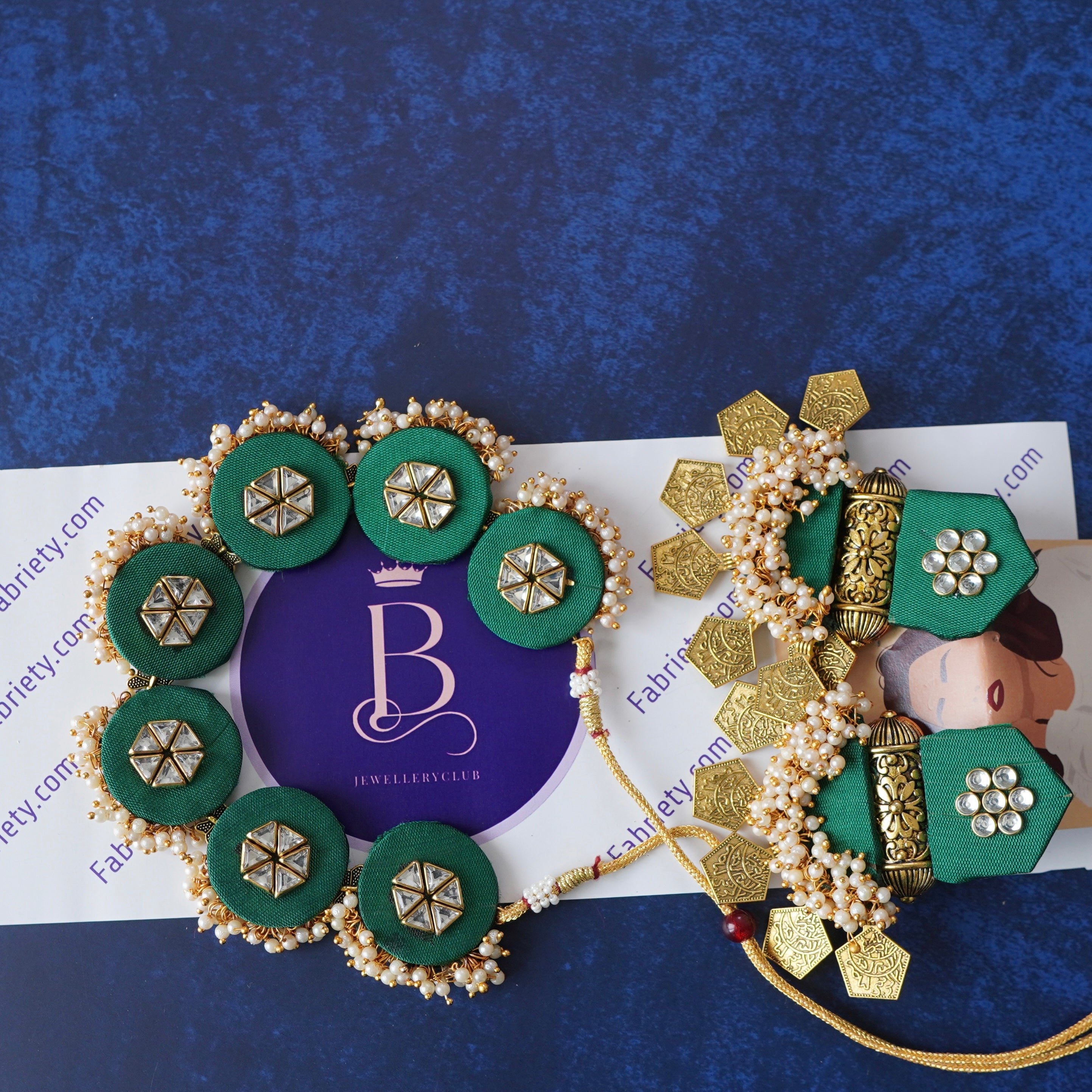 Fabric Choker set - Pentagon stud long earrings