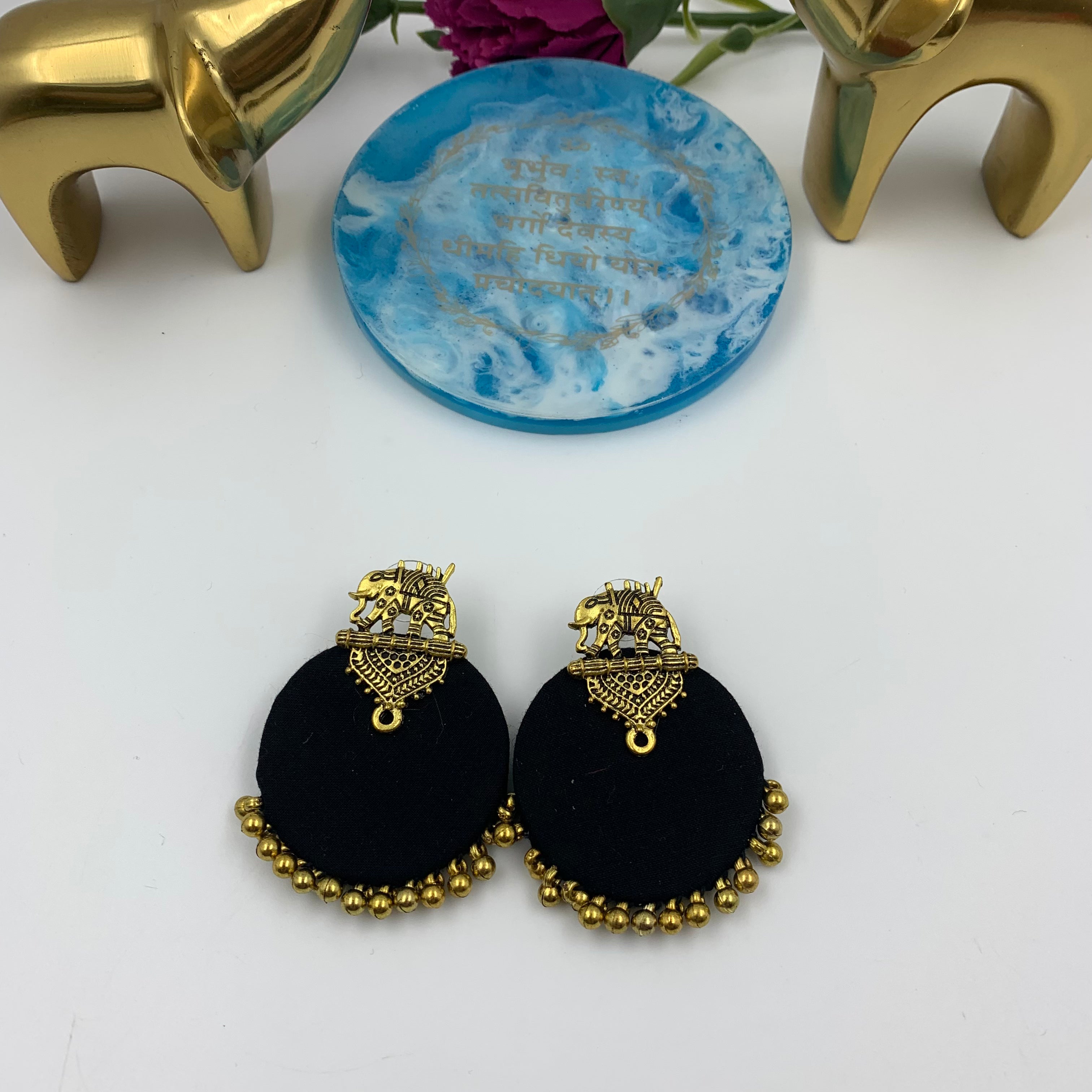 Buy Black Fabric Elephant Stud Earrings In Gold By Fabriety In India