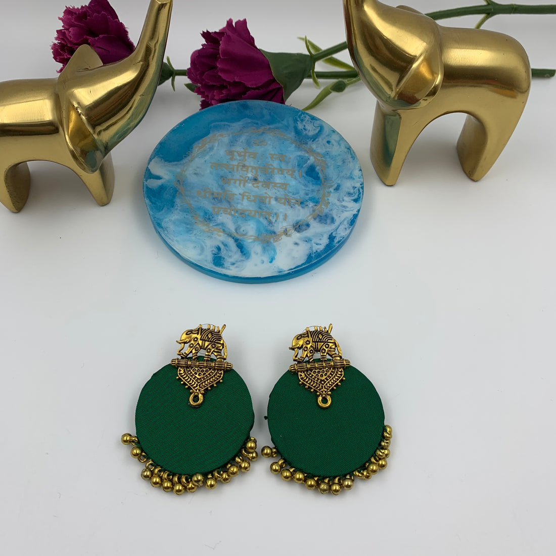 Buy Green Fabric Elephant Stud Earrings In Gold By Fabriety In India