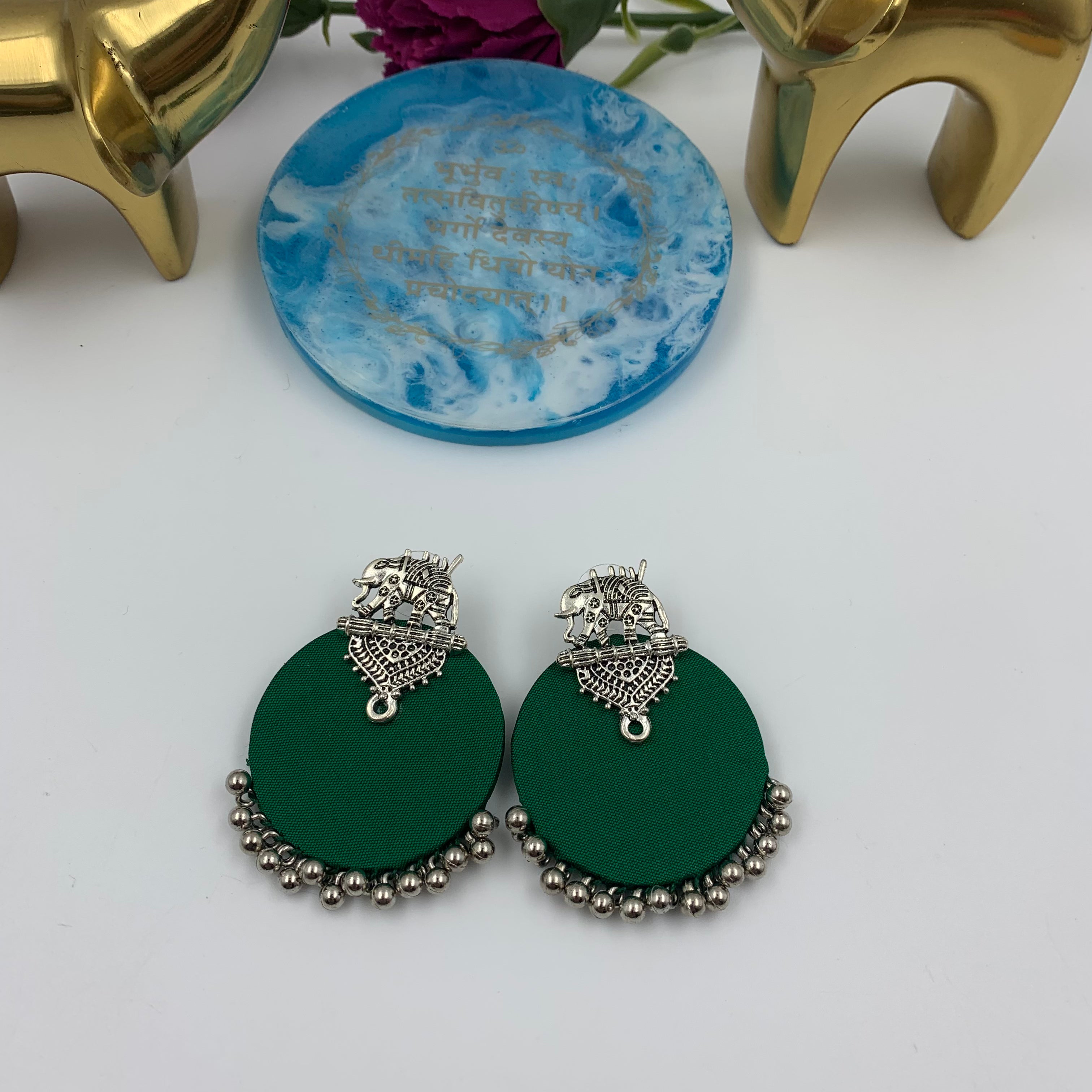 Buy Green Fabric Elephant Stud Earrings In Silver By Fabriety In India
