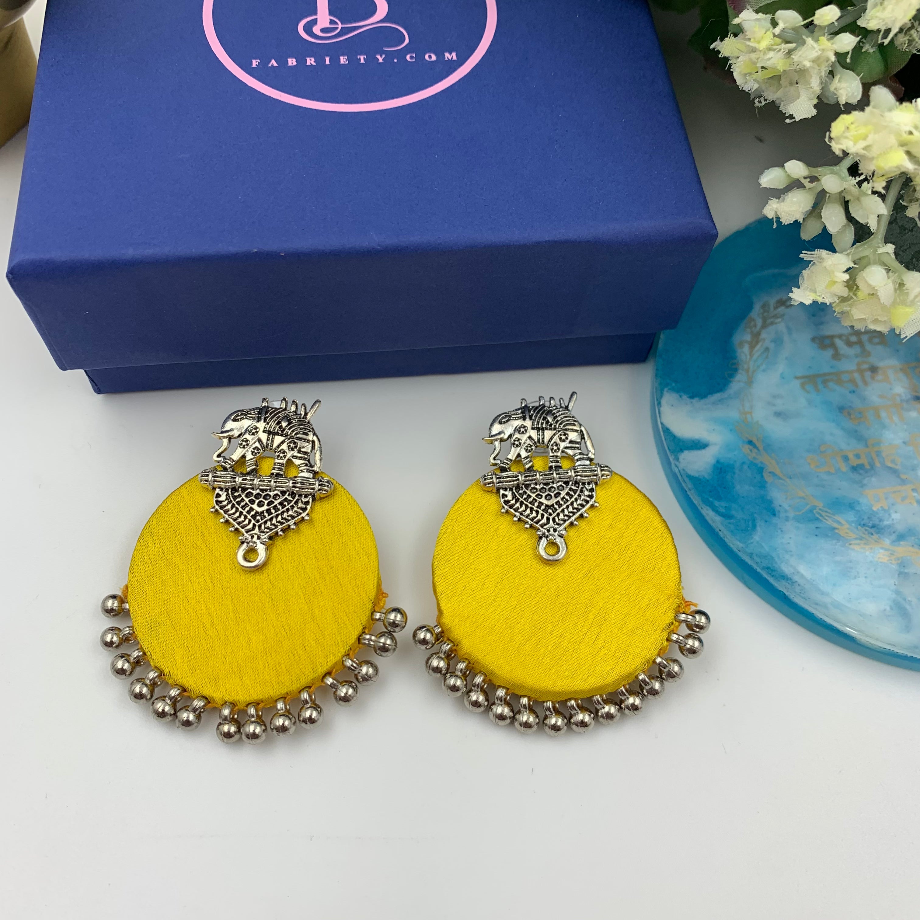 Yellow Fabric Elephant Stud In Silver By Fabriety In India