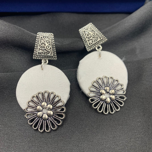 White Fabric Circular Earrings With Silver Charms