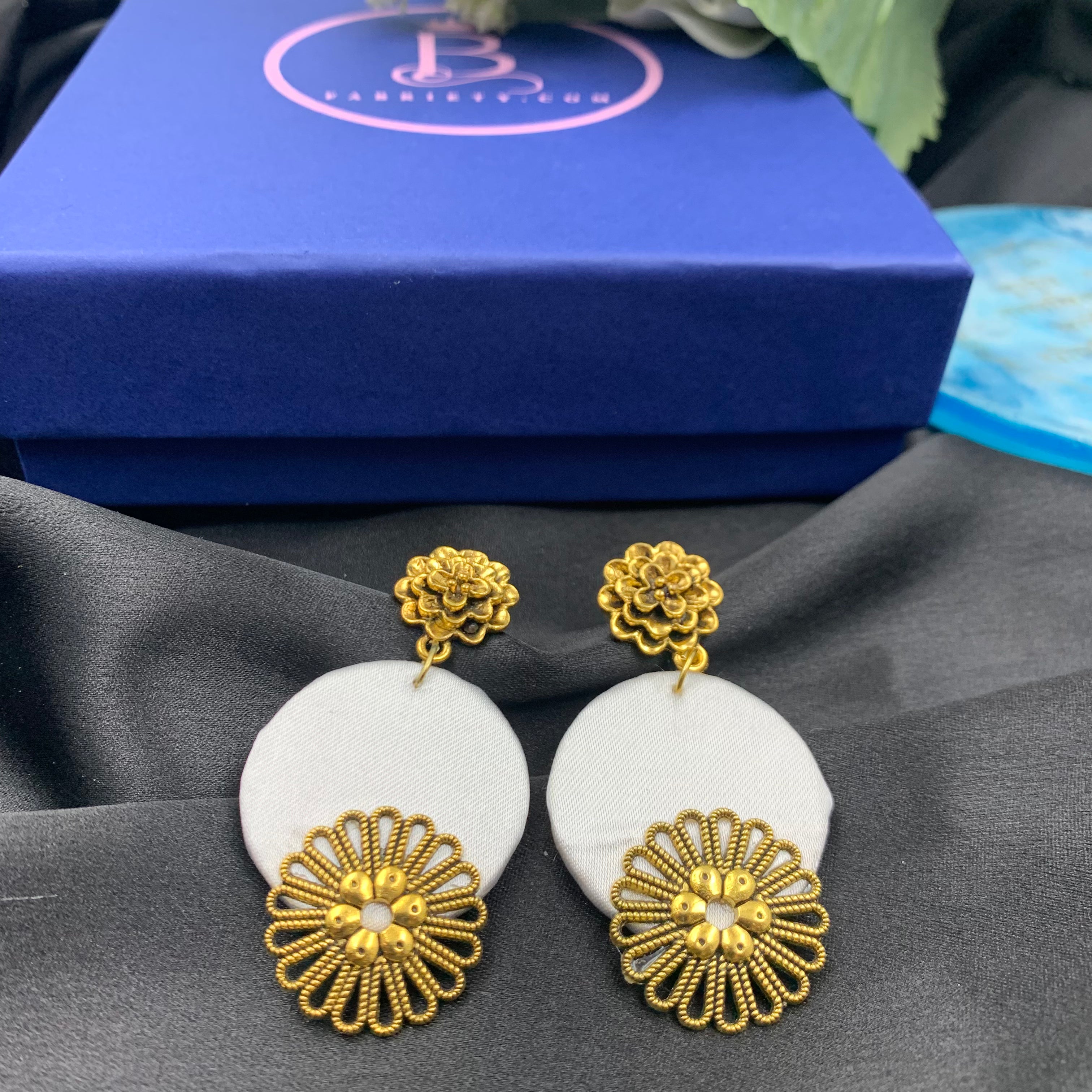 White Fabric Circular Earrings with Golden Charms