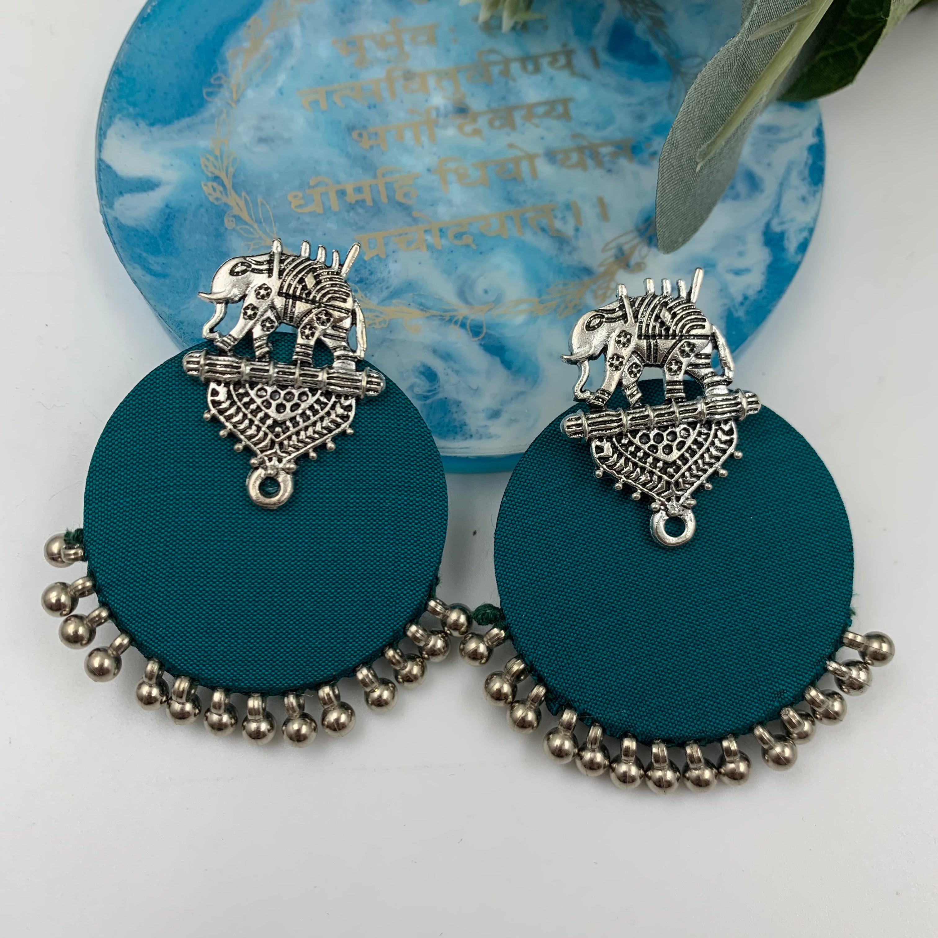 Buy Peacock Green Fabric Handmade Elephant Earrings In Silver By Fabriety In India