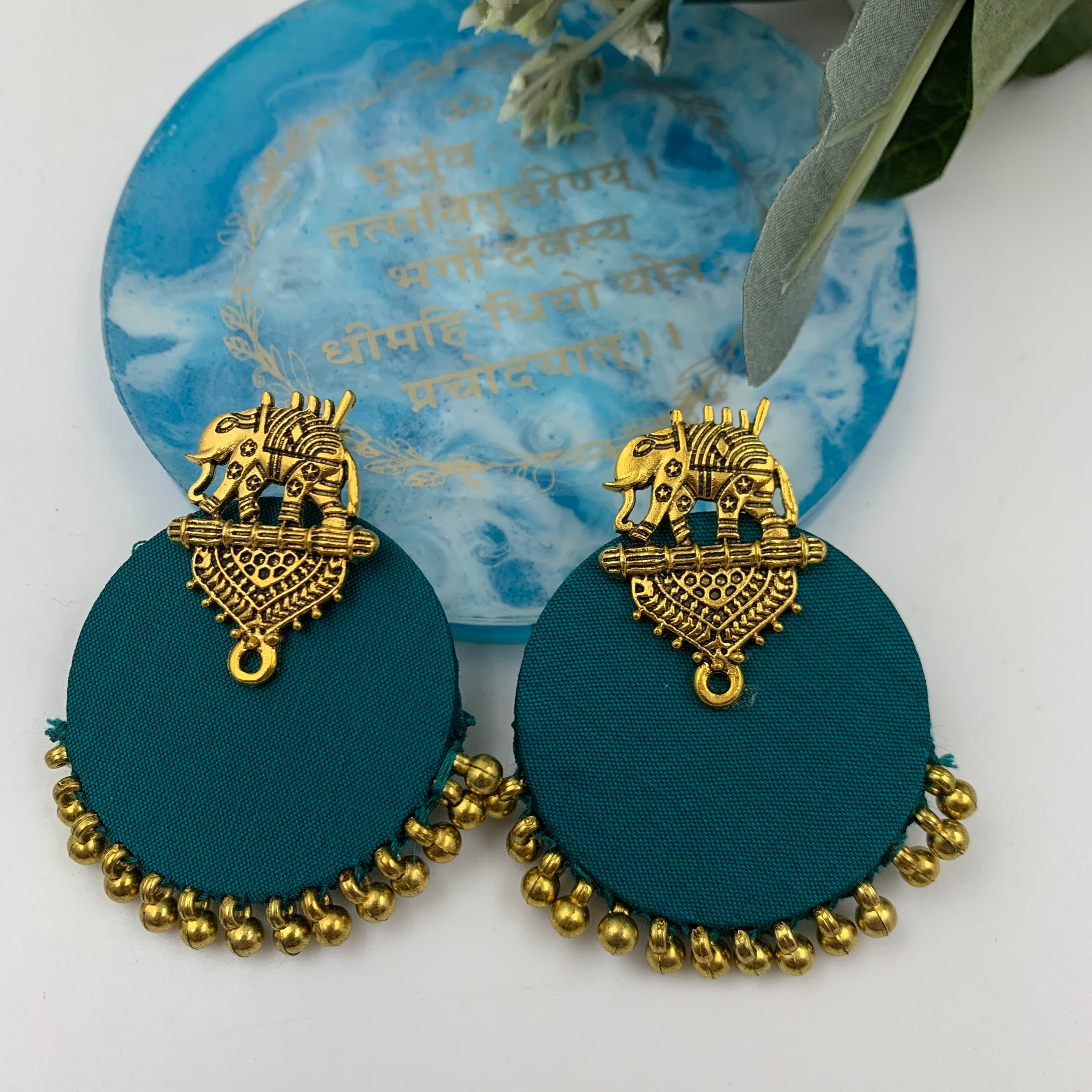 Buy Peacock Green Fabric Handmade Elephant Earrings In Gold By Fabriety In India