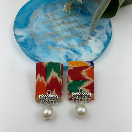 Printed Fabric Rectangular Stud With Pearl