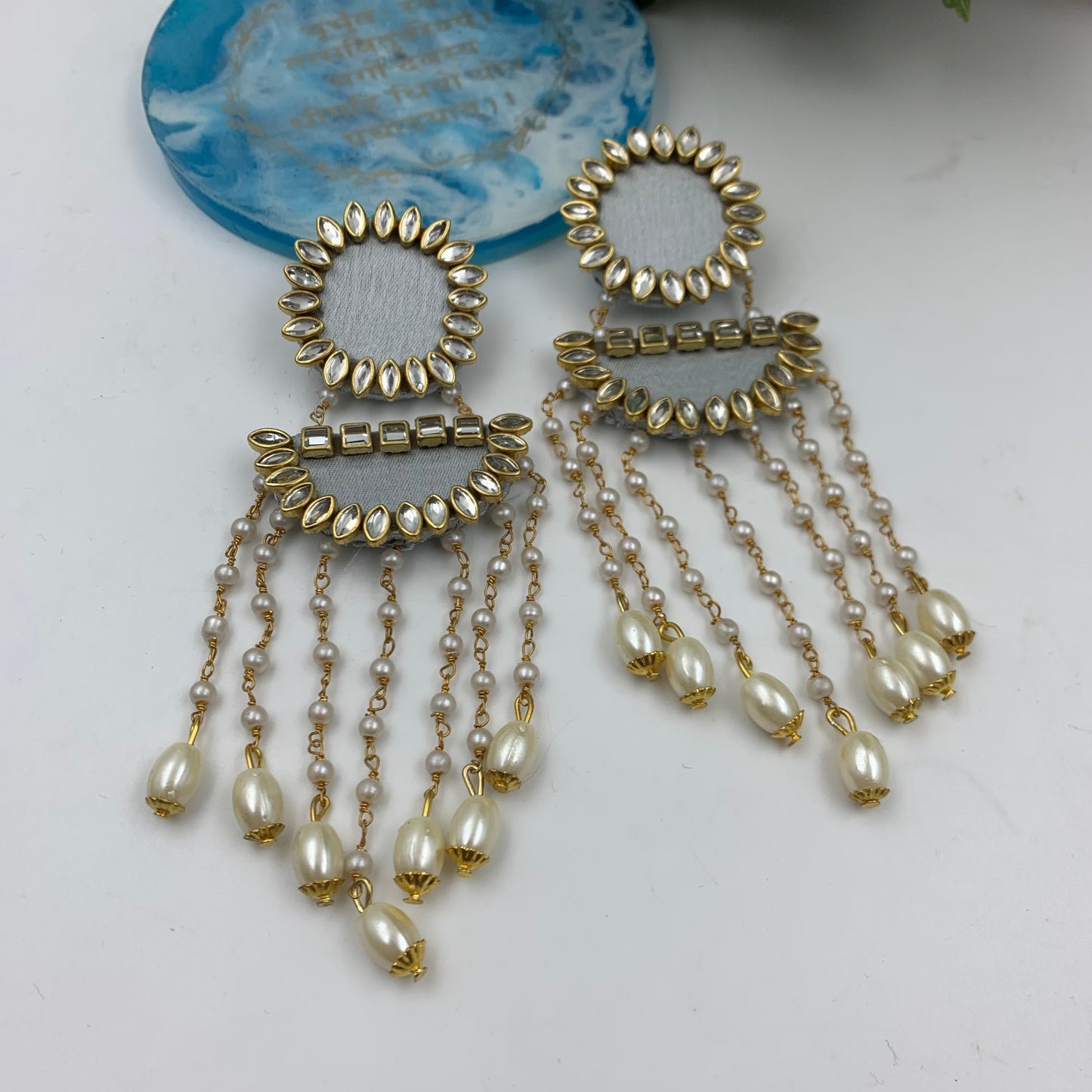 Fabric Kundan Pearl Long Earrings