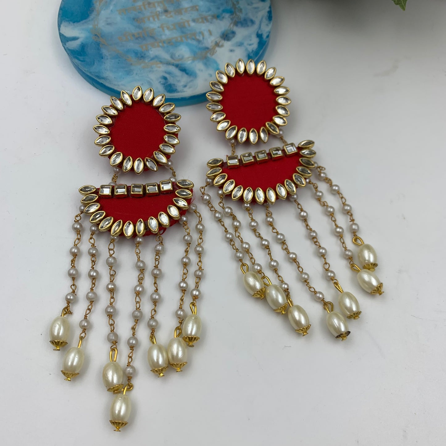 Fabric Kundan Pearl Long Earrings