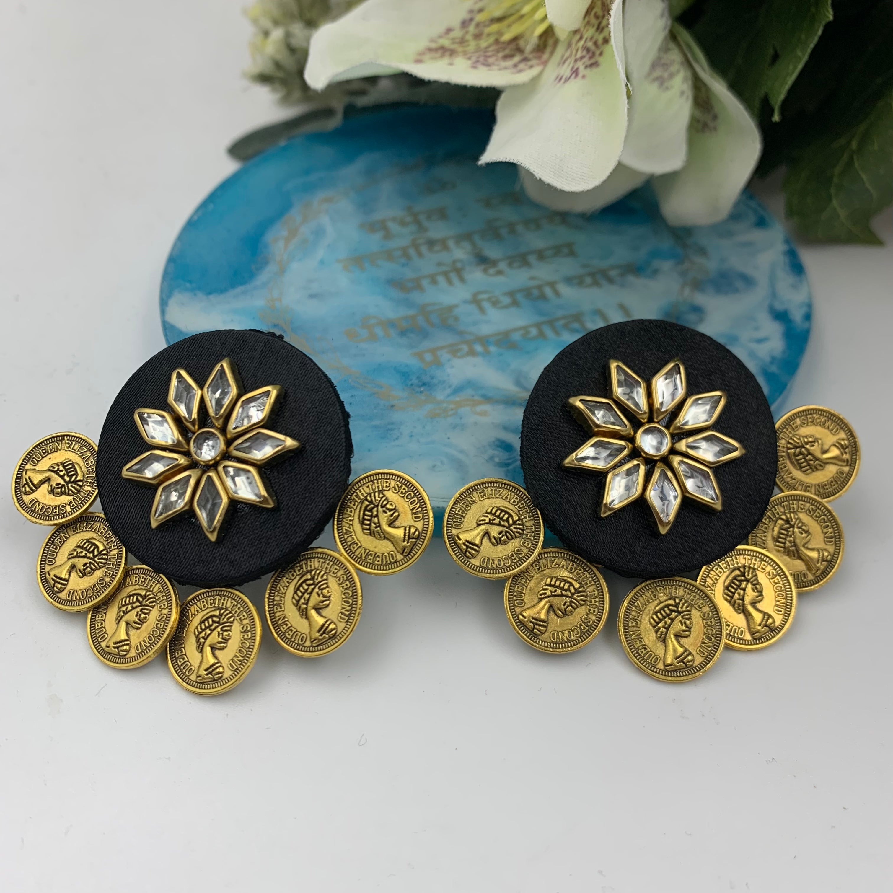 Victoria Coin Kundan Stone Studs - Black