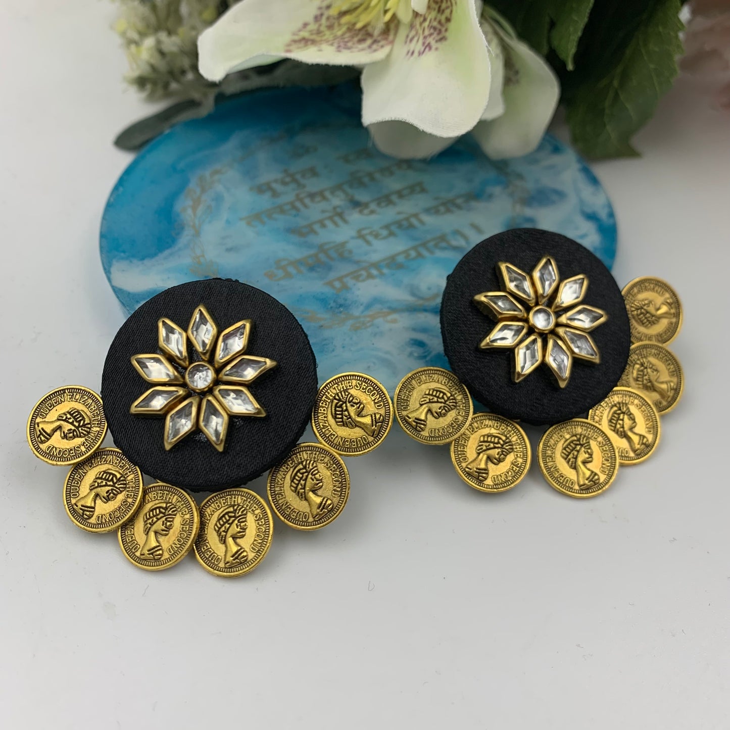 Victoria Coin Kundan Stone Studs - Black