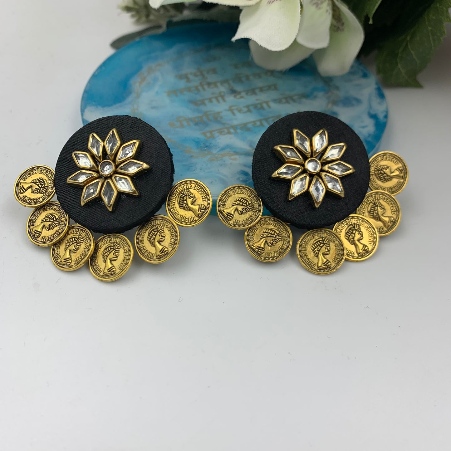 Victoria Coin Kundan Stone Studs - Black