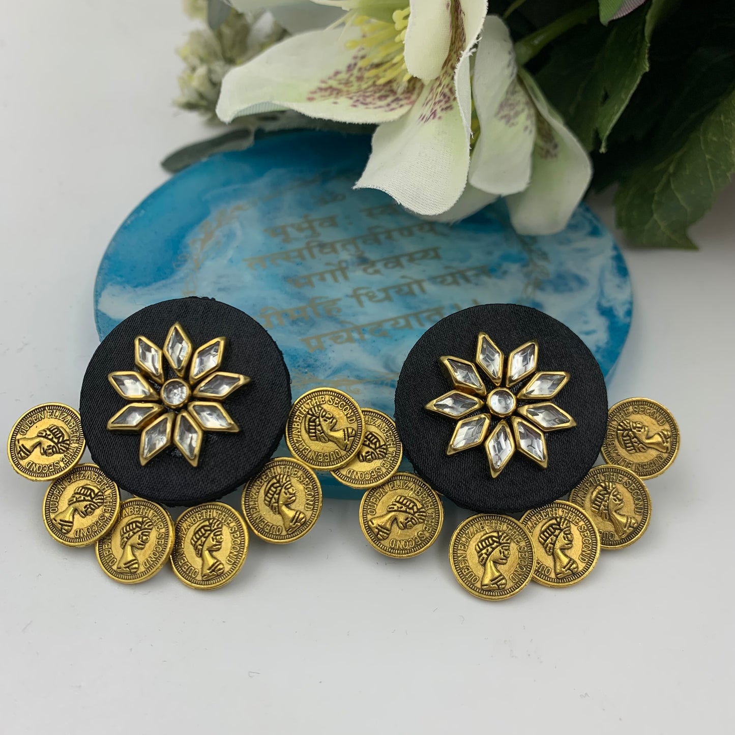 Victoria Coin Kundan Stone Studs - Black