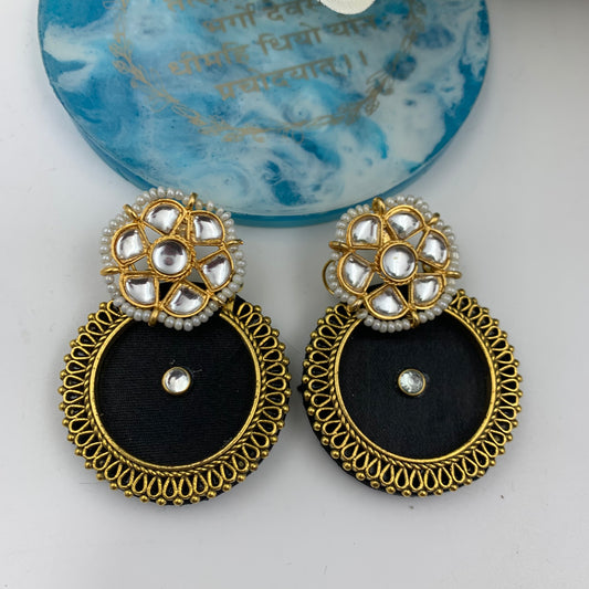 Kundan Pearl Stud Antique Gold Charm Earrings - Black