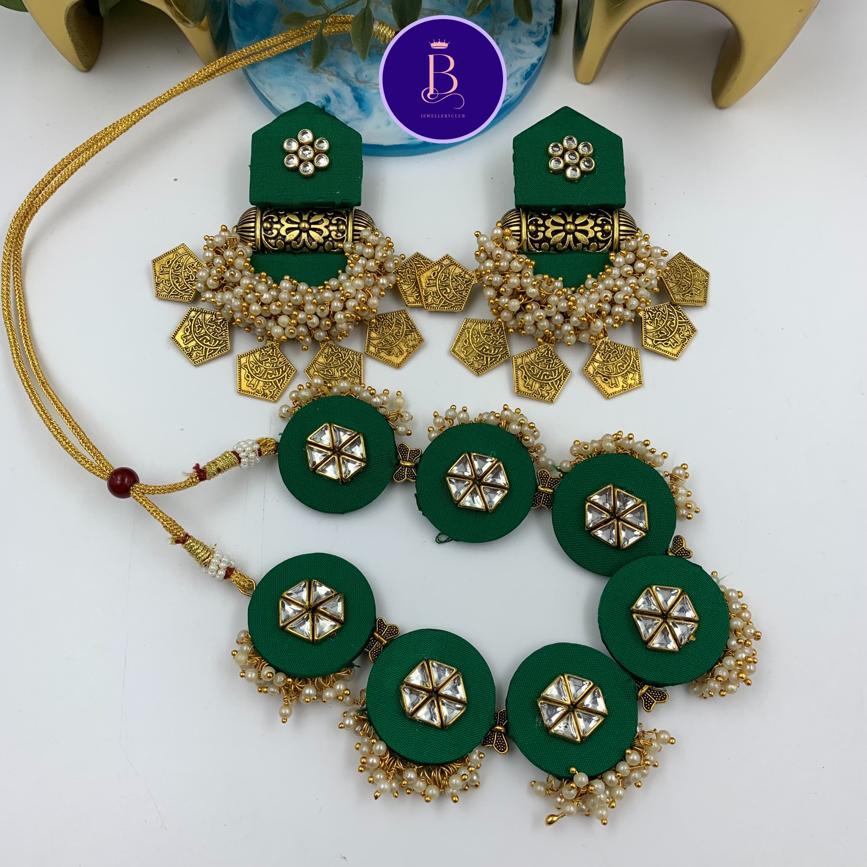 Fabric Choker set - Pentagon stud long earrings