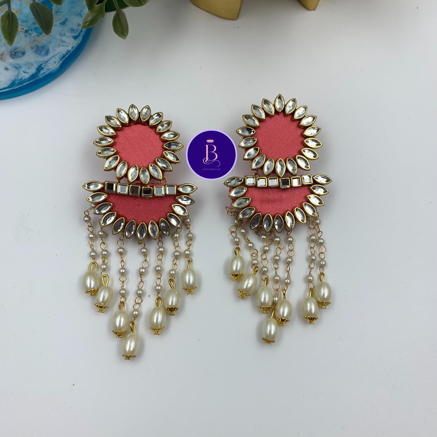 Fabric Kundan Pearl Long Earrings