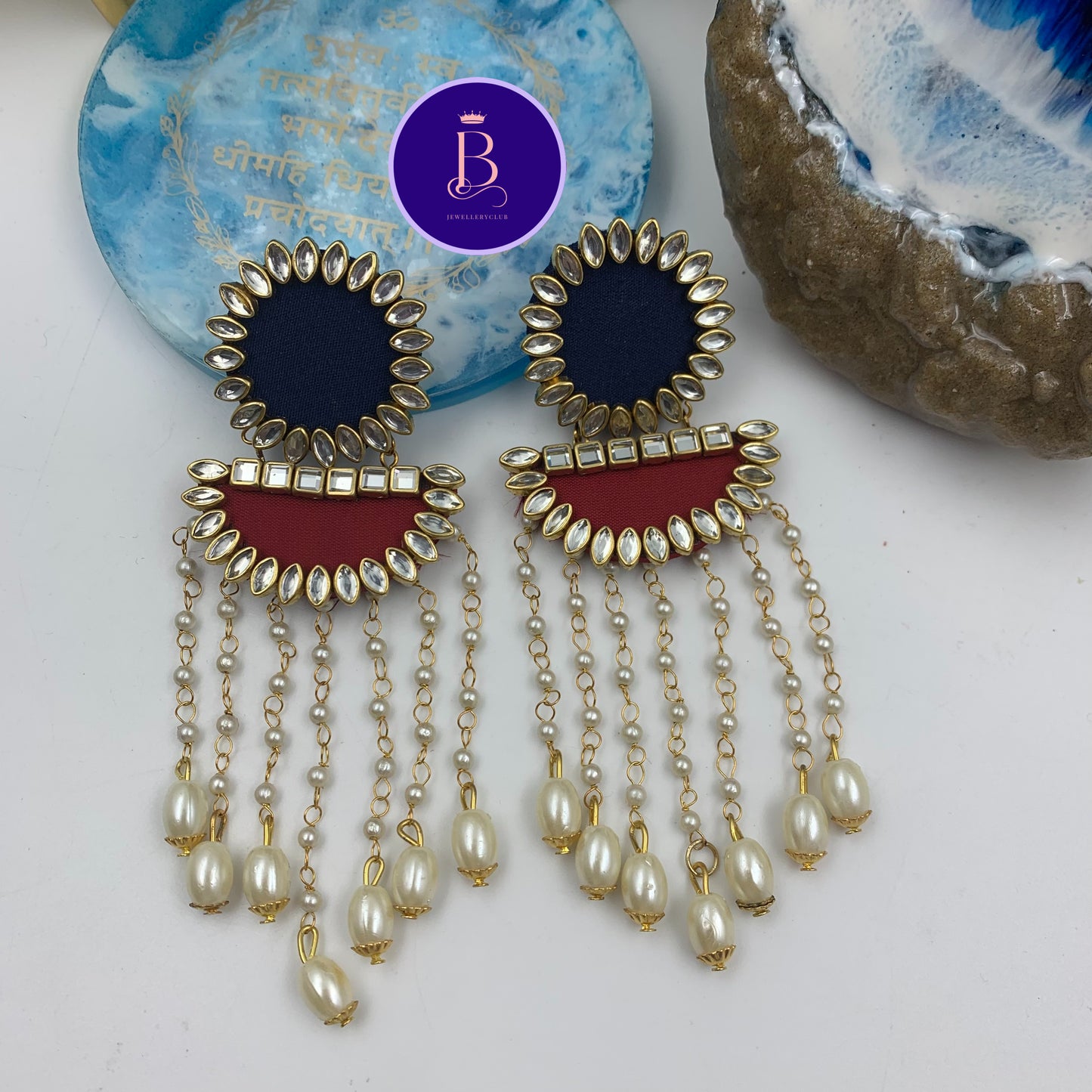 Fabric Kundan Pearl Long Earrings